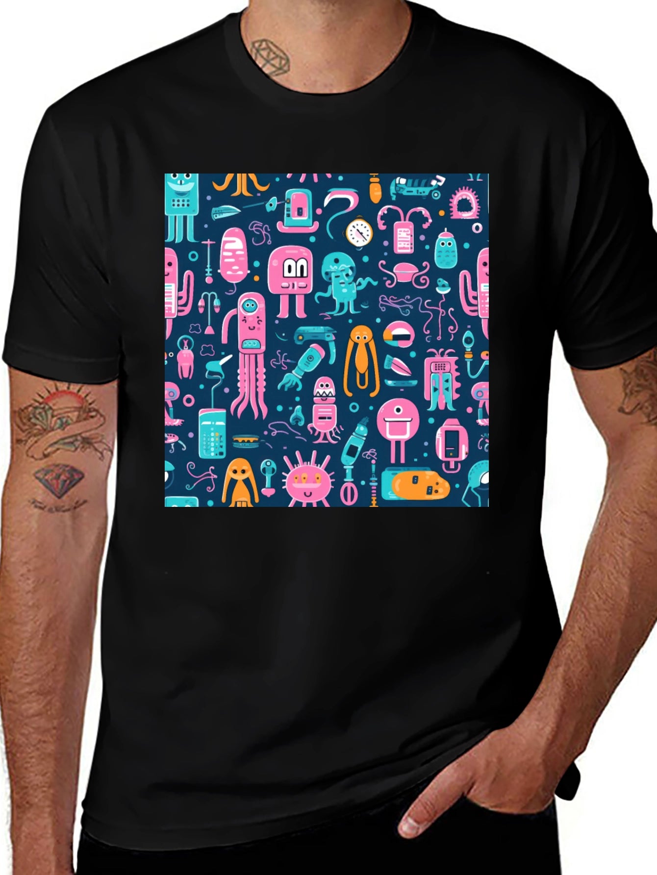 Funky Alien Pattern Black T-Shirt