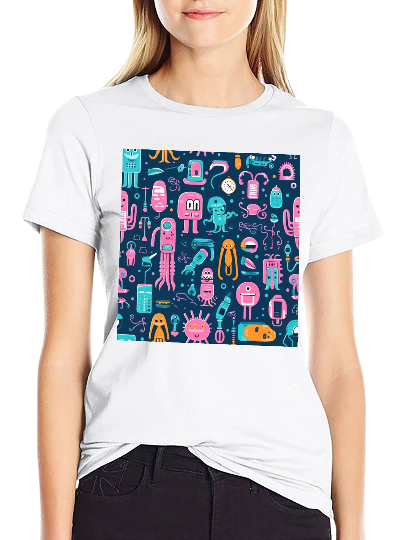 Funky Alien Pattern Black T-Shirt