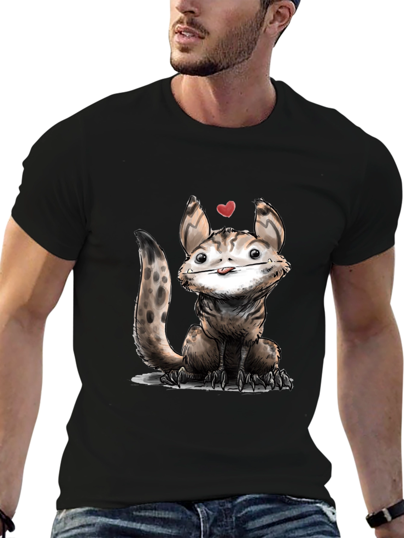 Cartoon Creature Graphic Tee - Black Cotton T-Shirt