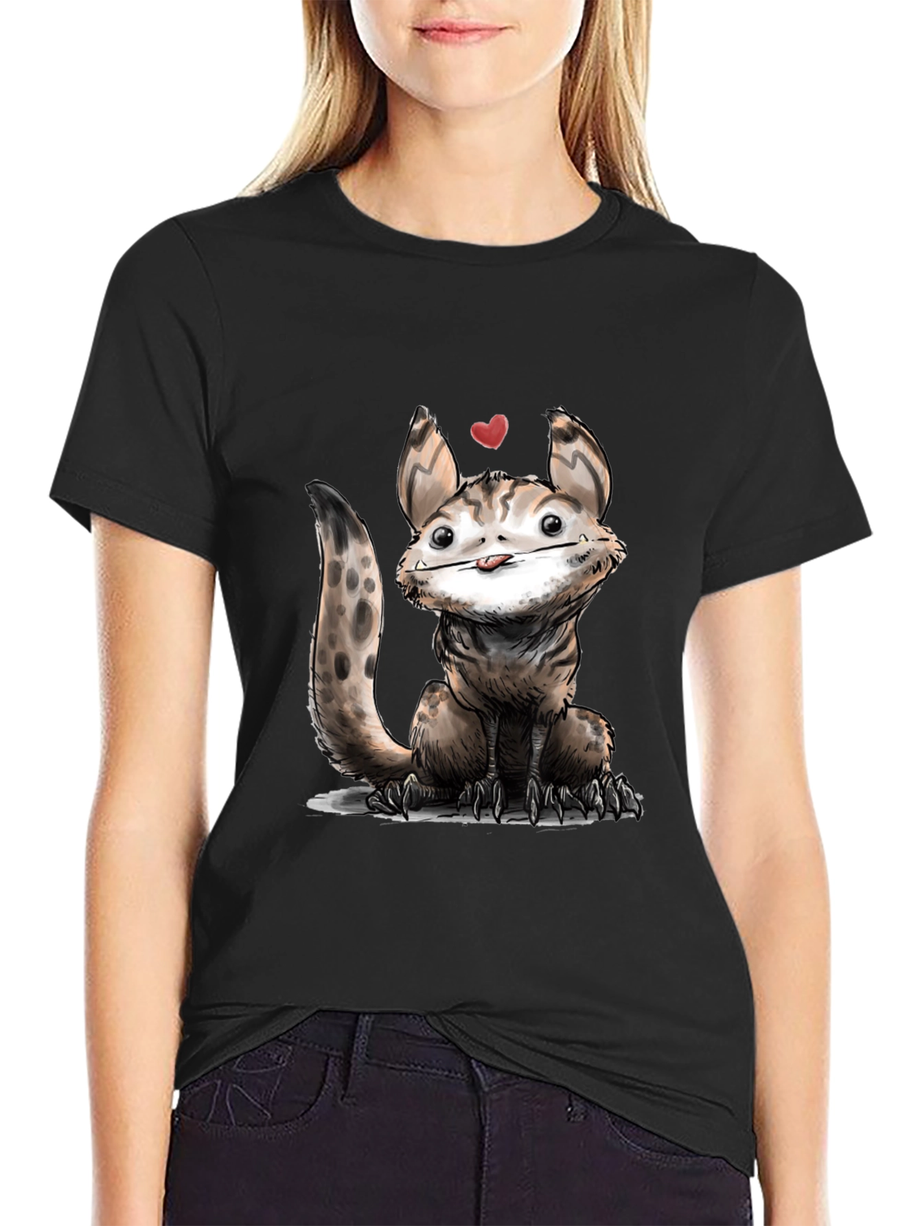 Cartoon Creature Graphic Tee - Black Cotton T-Shirt