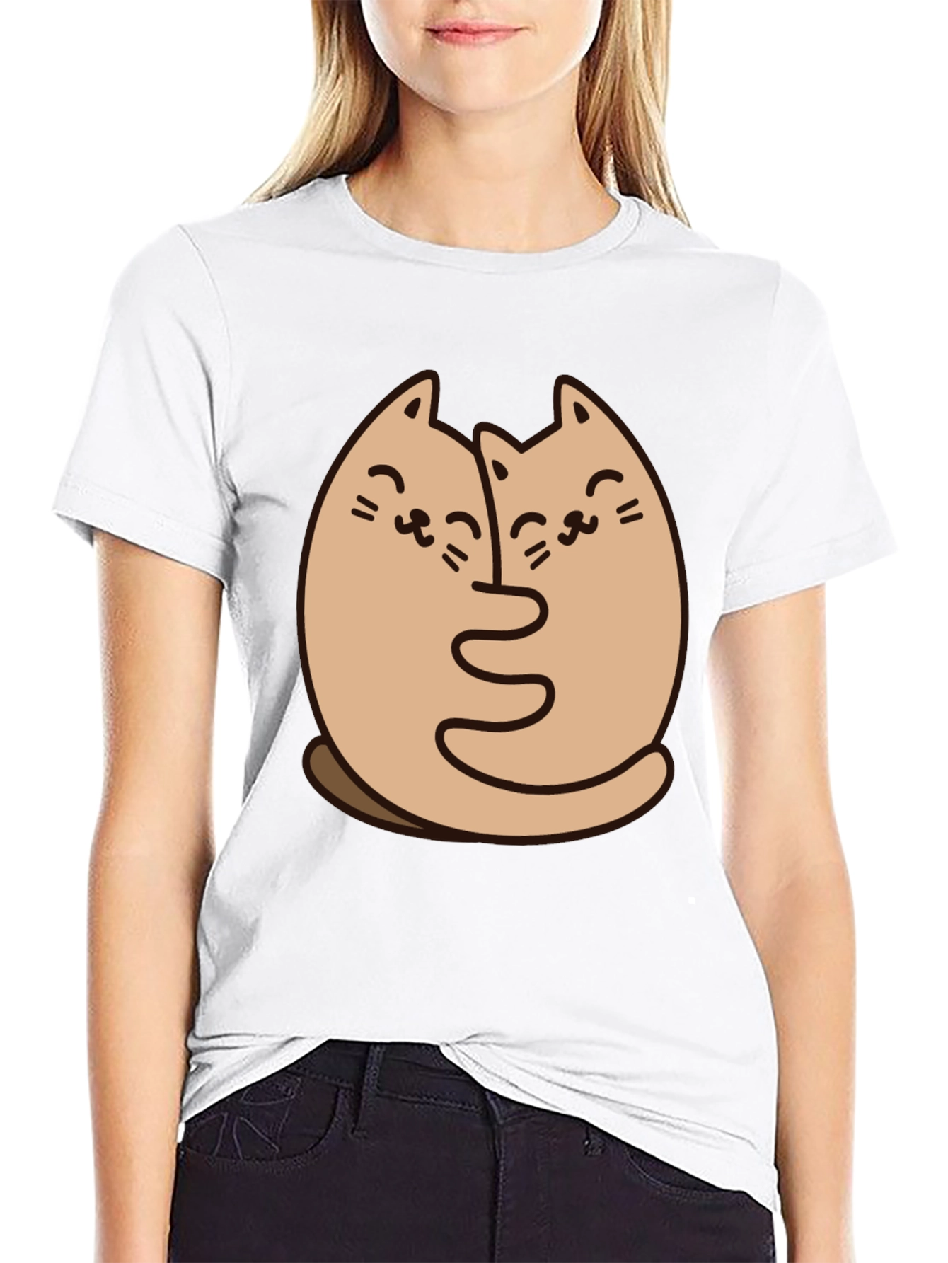 Cute Cats Hugging Graphic Black T-Shirt