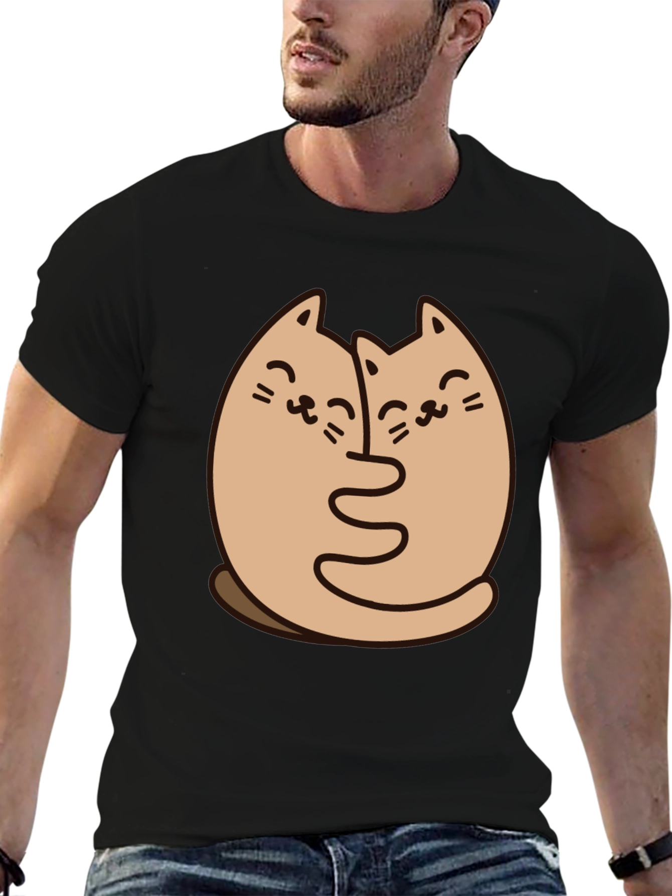 Cute Cats Hugging Graphic Black T-Shirt