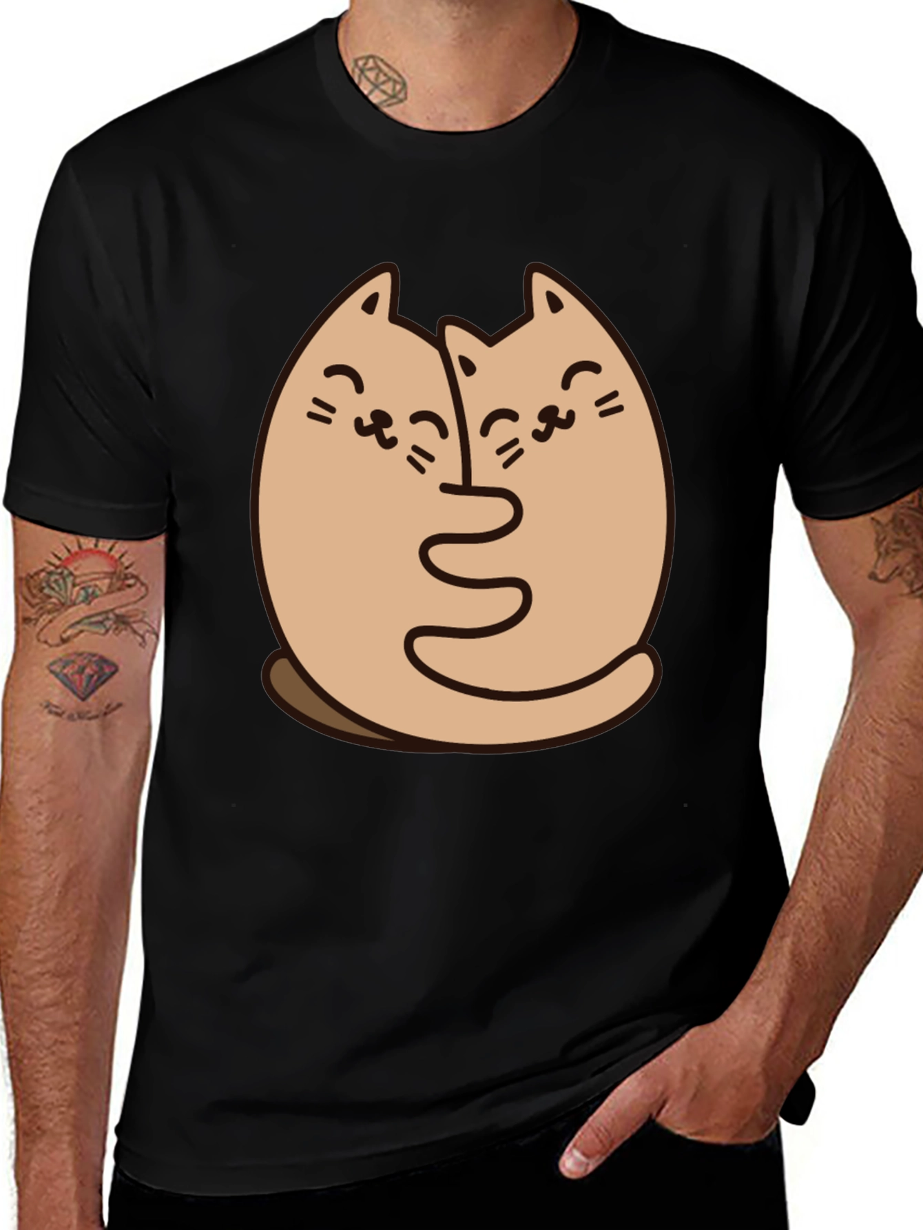 Cute Cats Hugging Graphic Black T-Shirt