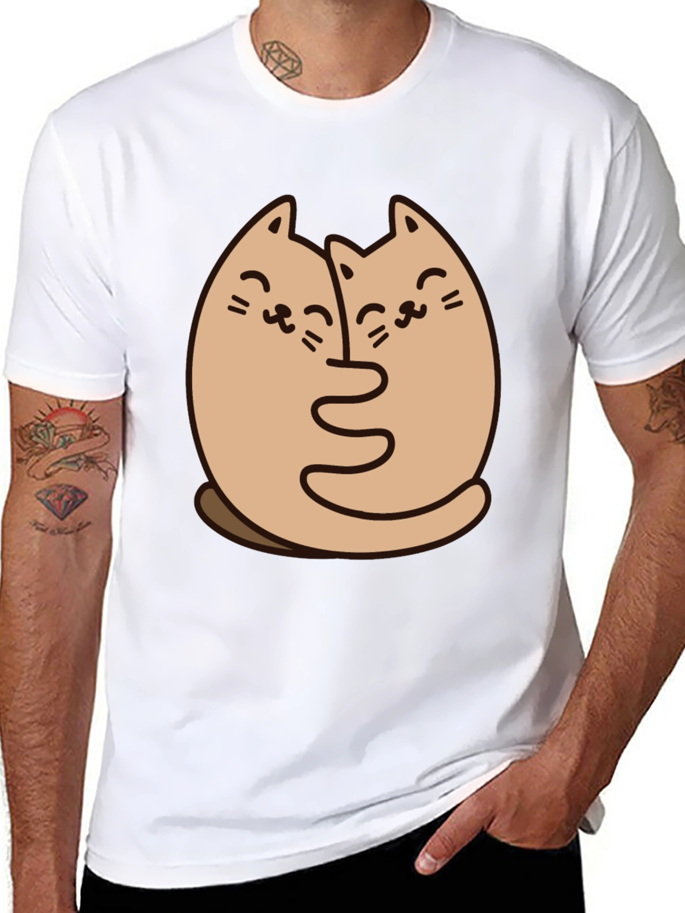 Cute Cats Hugging Graphic Black T-Shirt