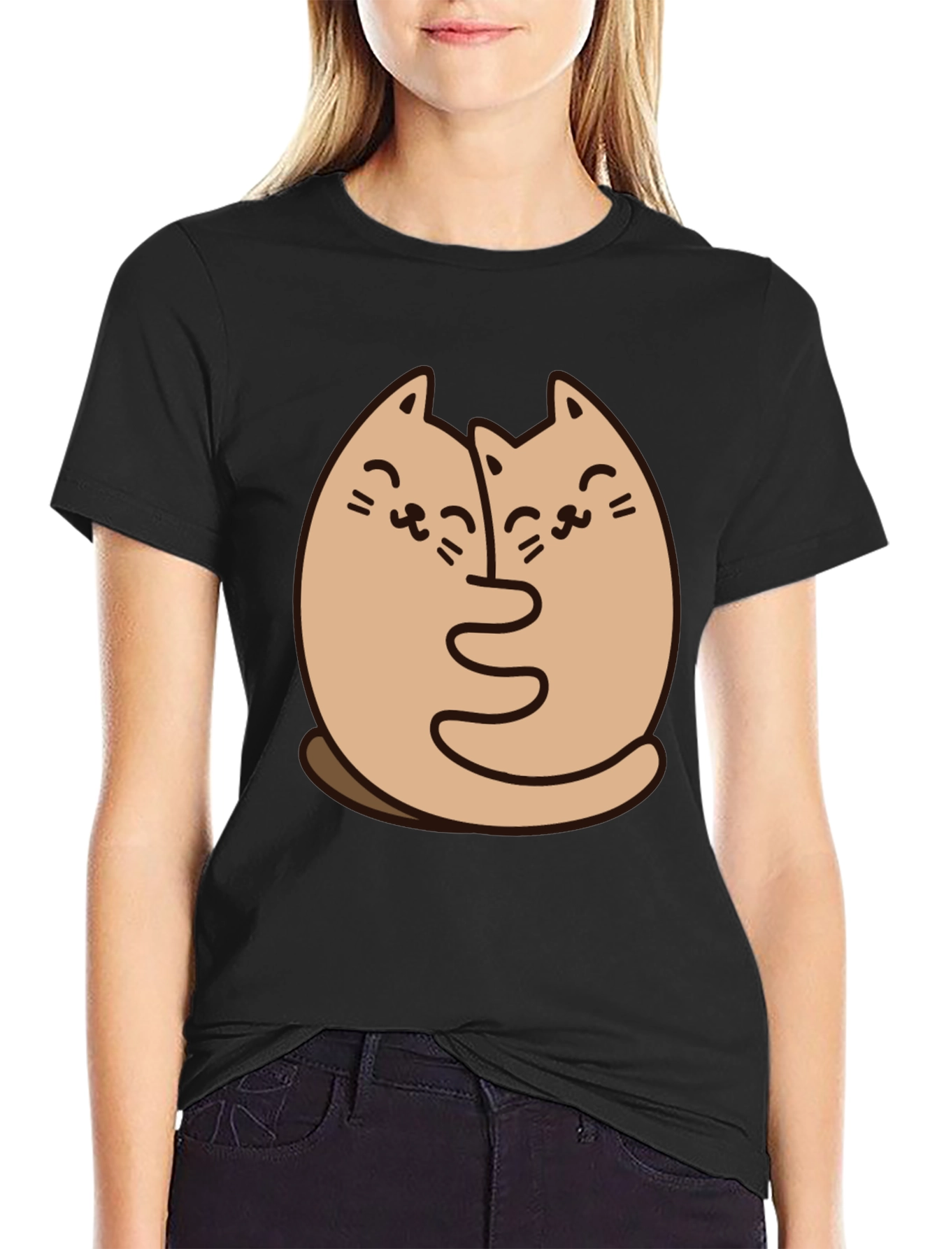 Cute Cats Hugging Graphic Black T-Shirt
