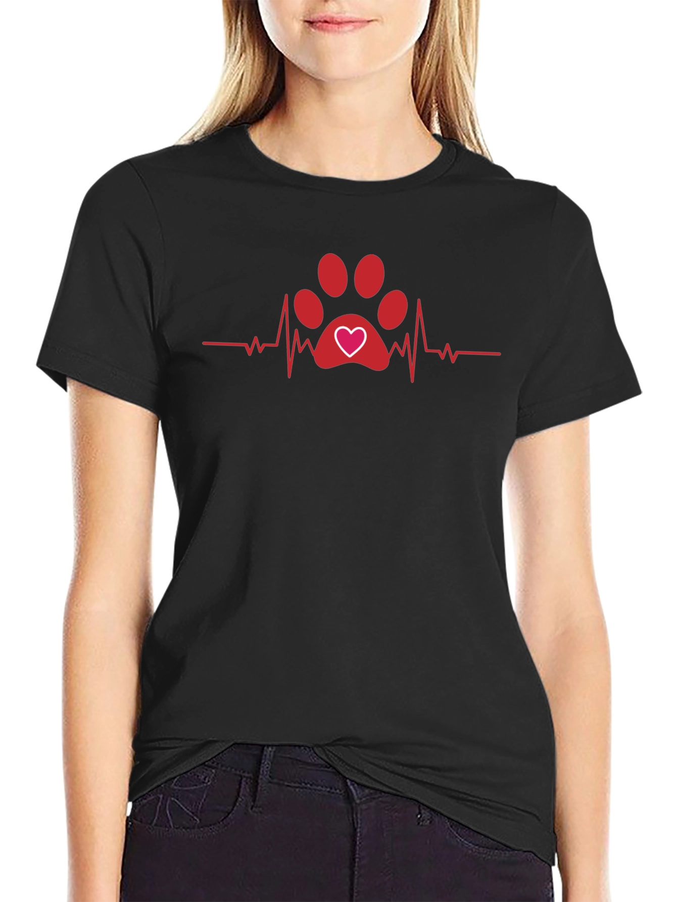Heartbeat Dog Paw Print T-Shirt - Black