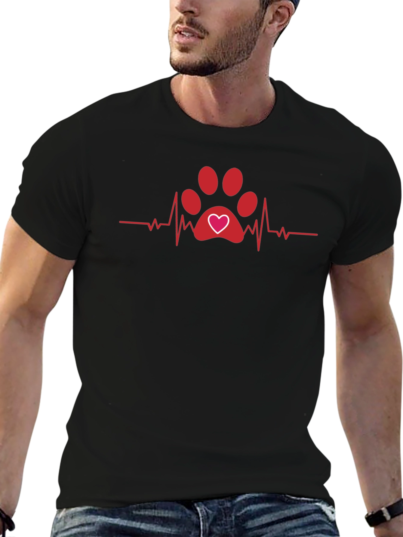 Heartbeat Dog Paw Print T-Shirt - Black
