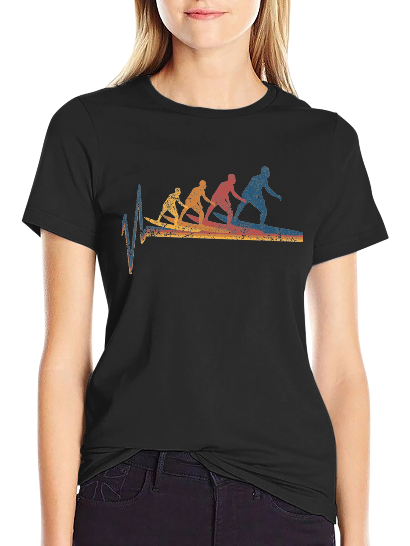 Surfing Evolution Heartbeat Graphic Tee - Black Cotton T-Shirt