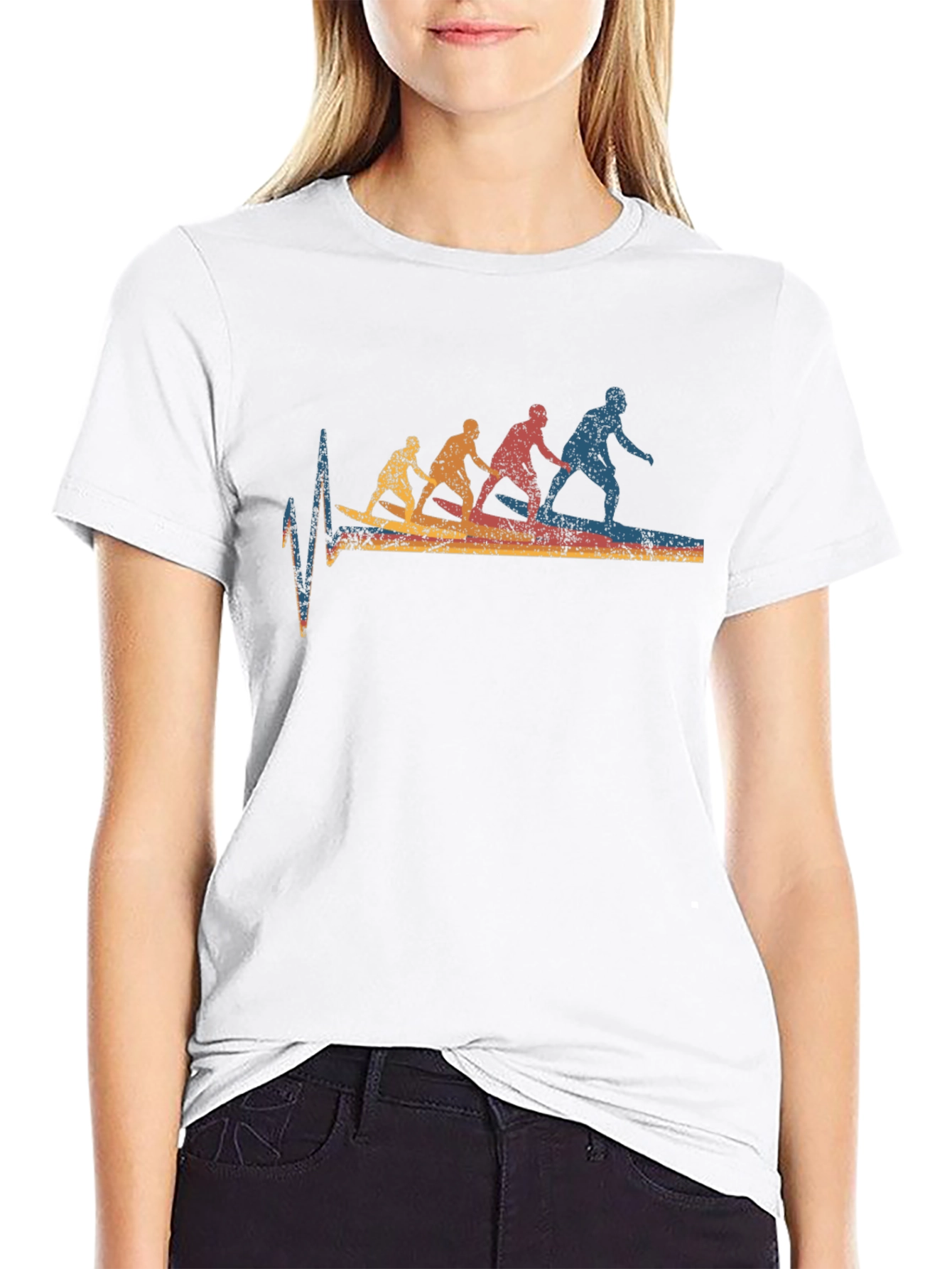Surfing Evolution Heartbeat Graphic Tee - Black Cotton T-Shirt