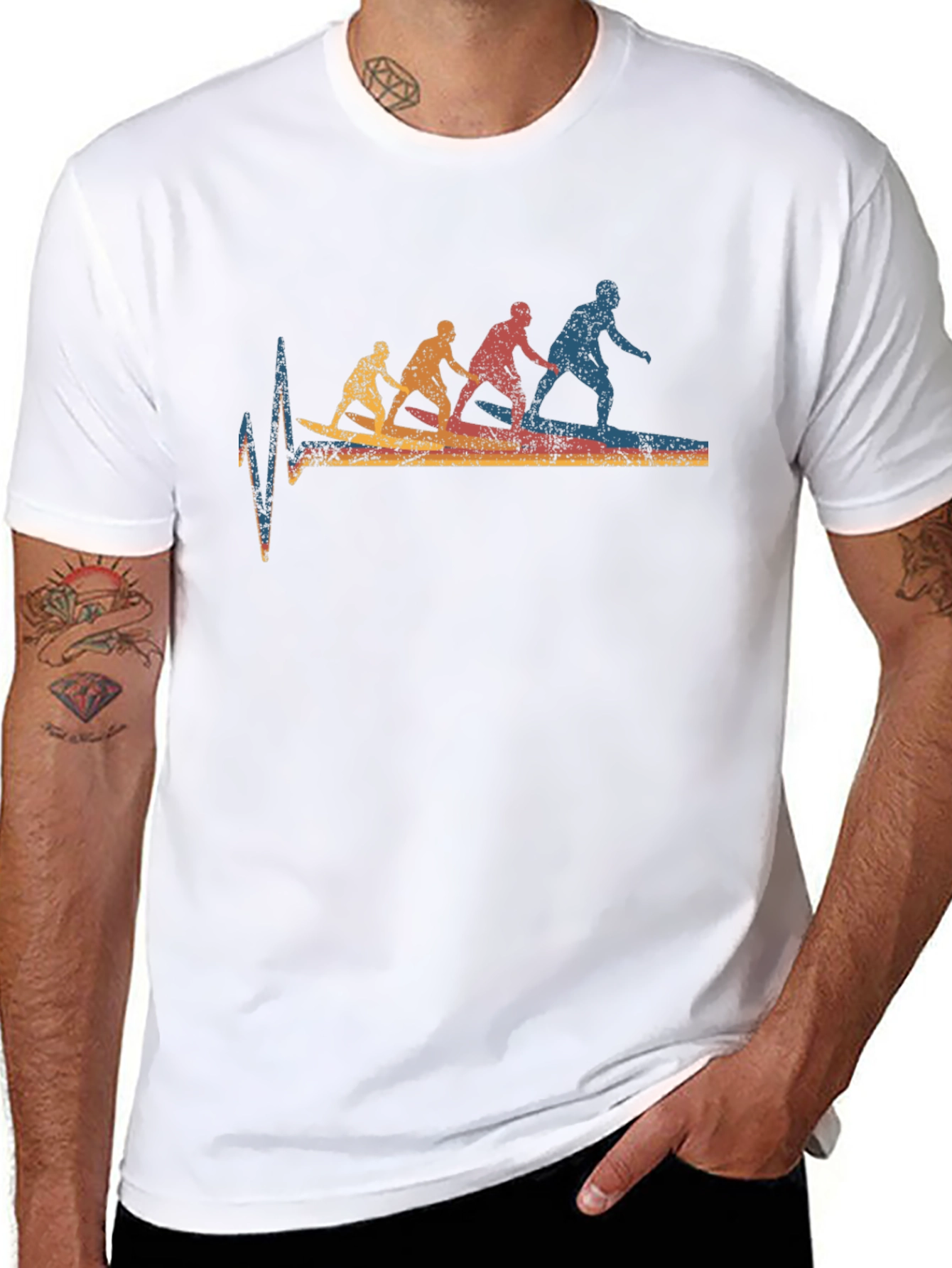 Surfing Evolution Heartbeat Graphic Tee - Black Cotton T-Shirt