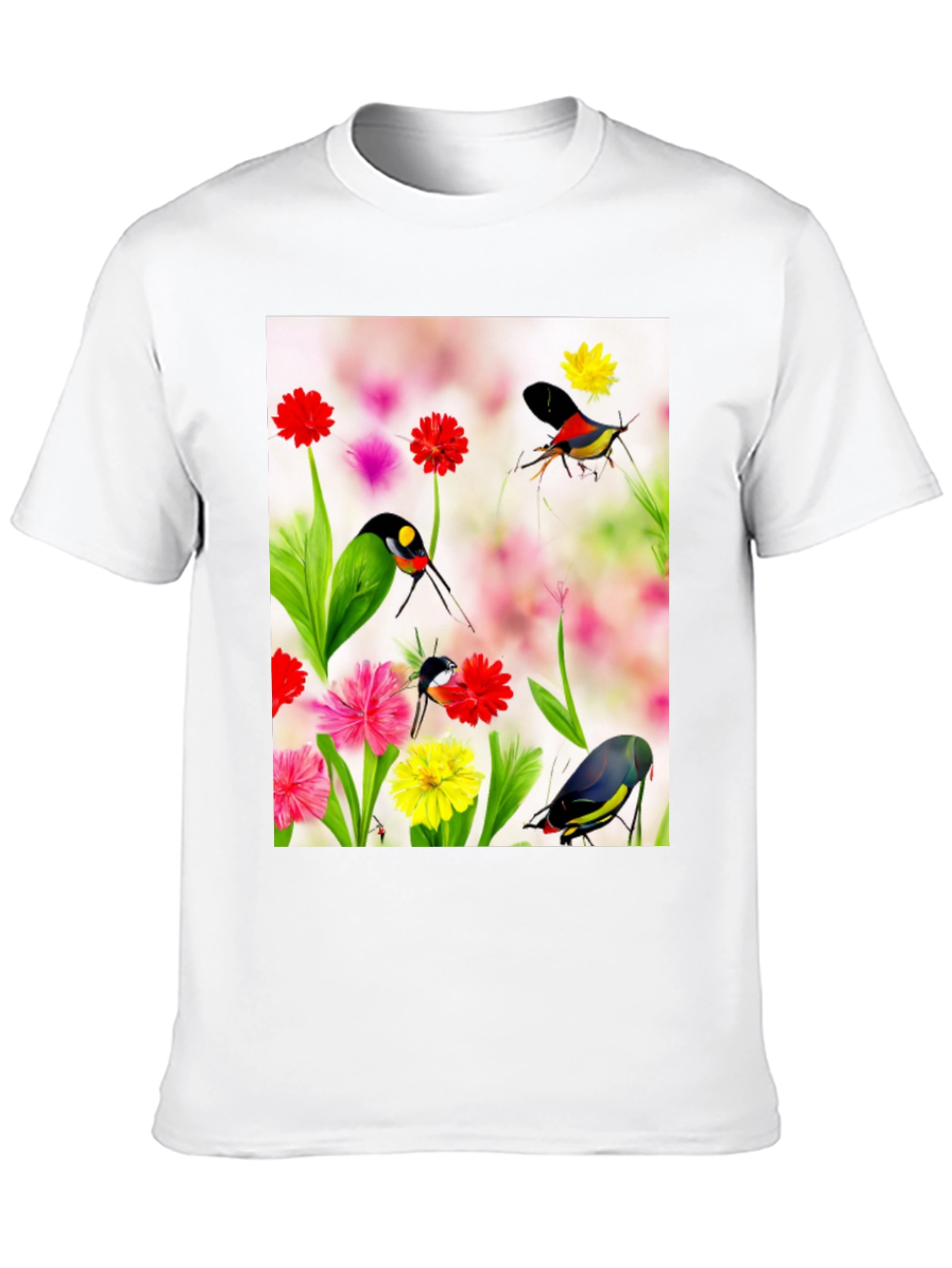 Floral Bird Print Black T-Shirt