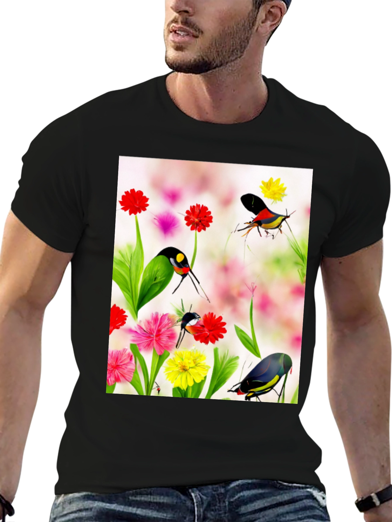 Floral Bird Print Black T-Shirt