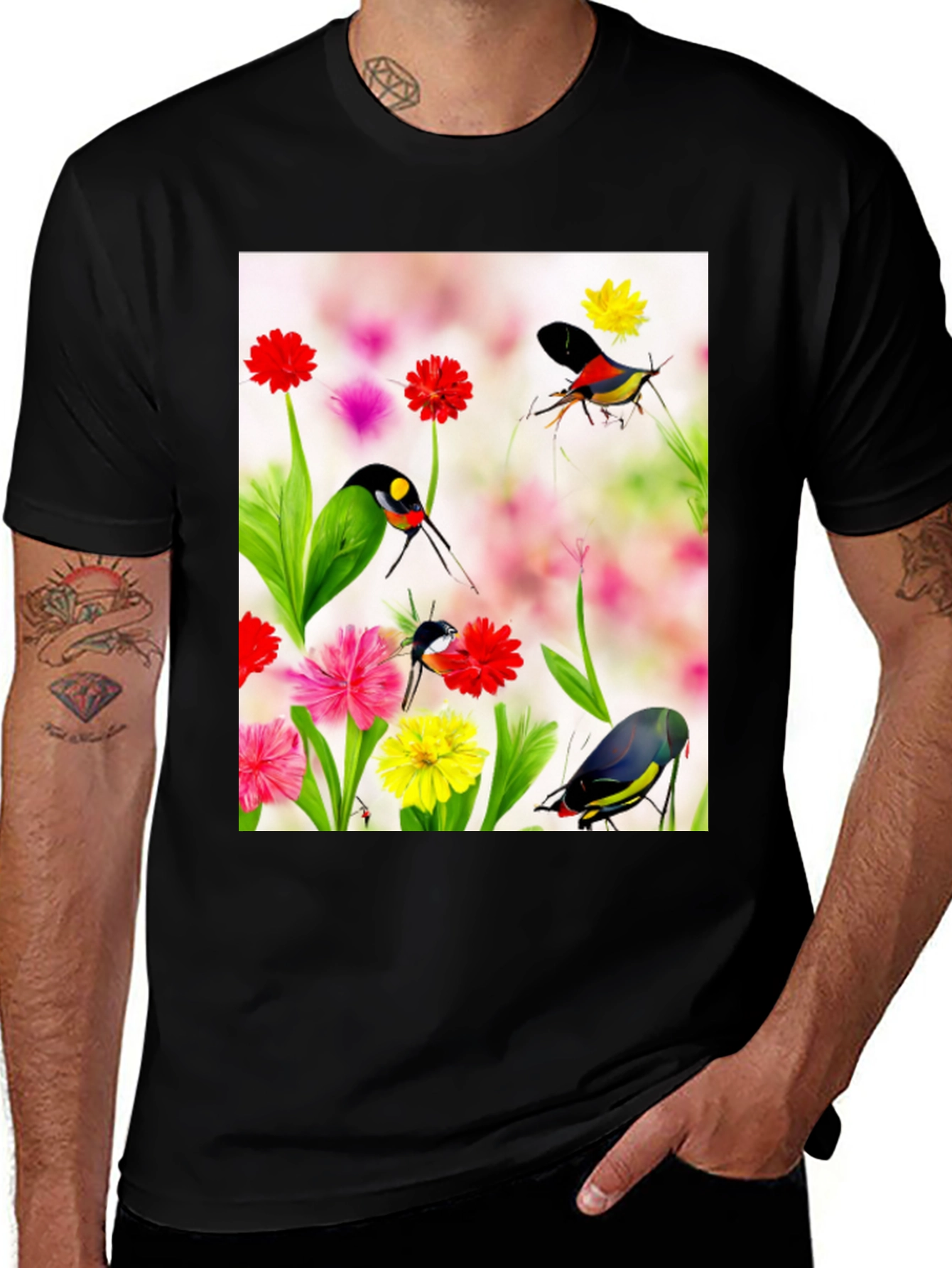 Floral Bird Print Black T-Shirt