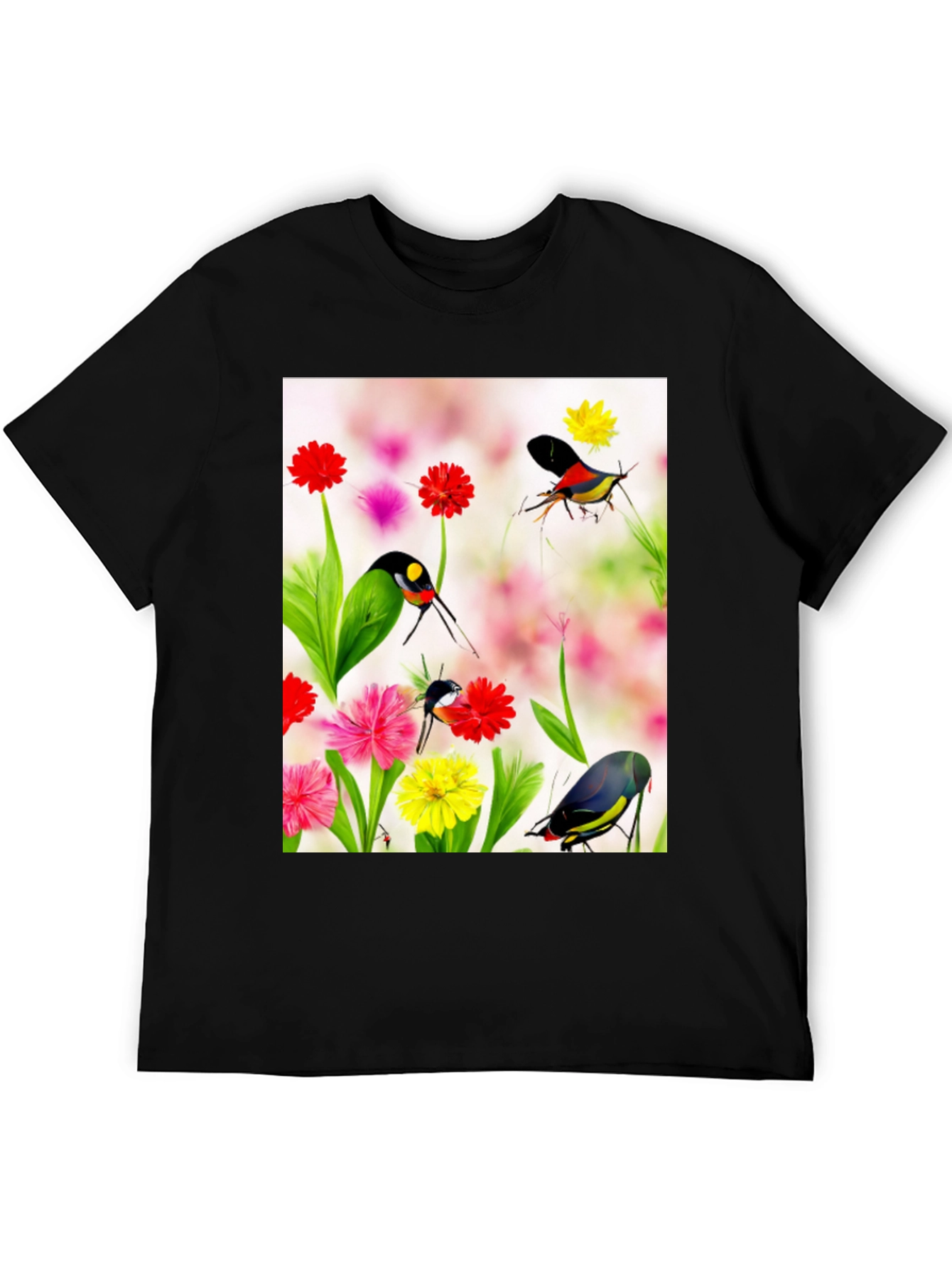 Floral Bird Print Black T-Shirt
