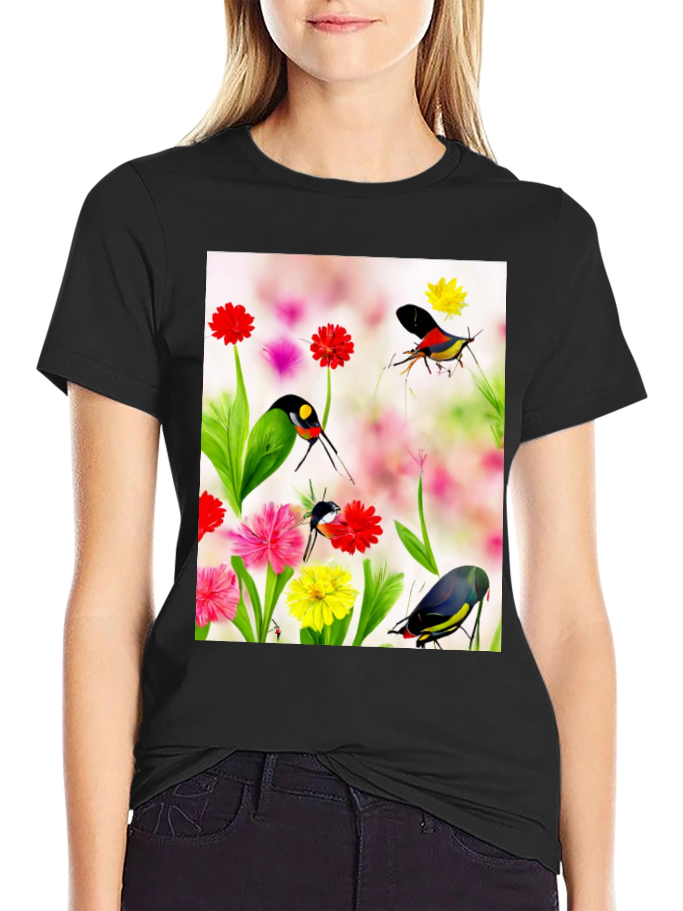 Floral Bird Print Black T-Shirt