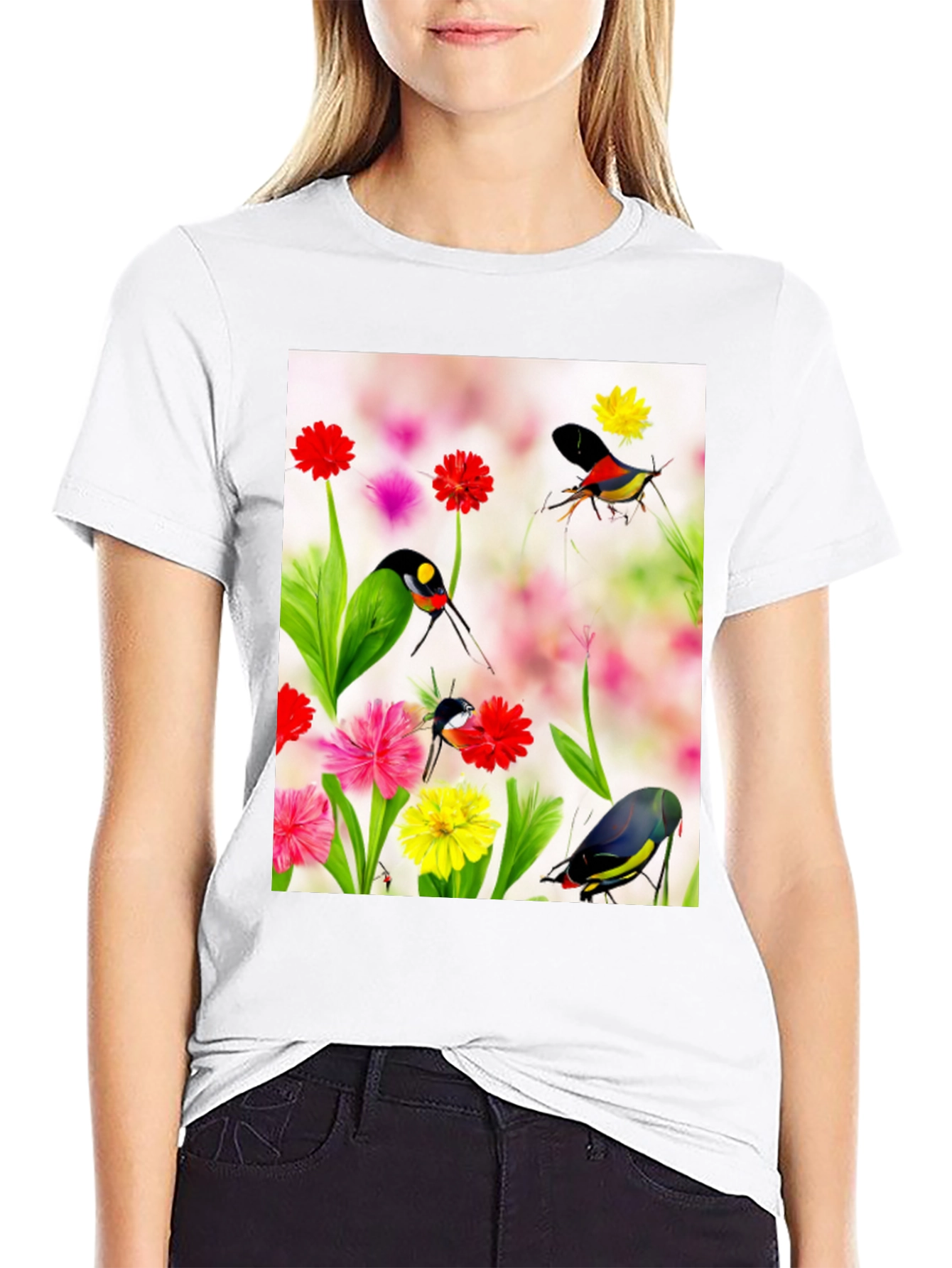 Floral Bird Print Black T-Shirt