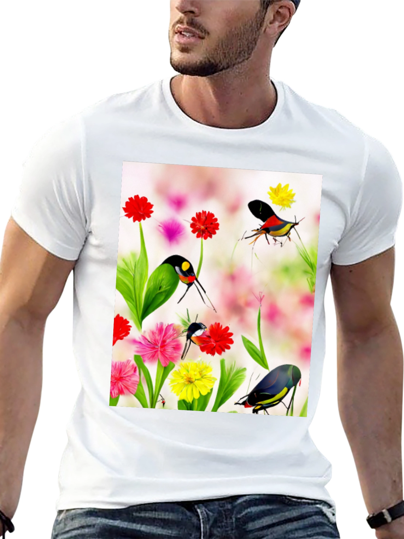 Floral Bird Print Black T-Shirt