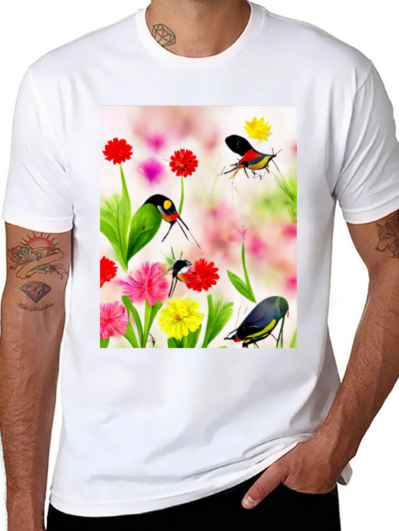 Floral Bird Print Black T-Shirt
