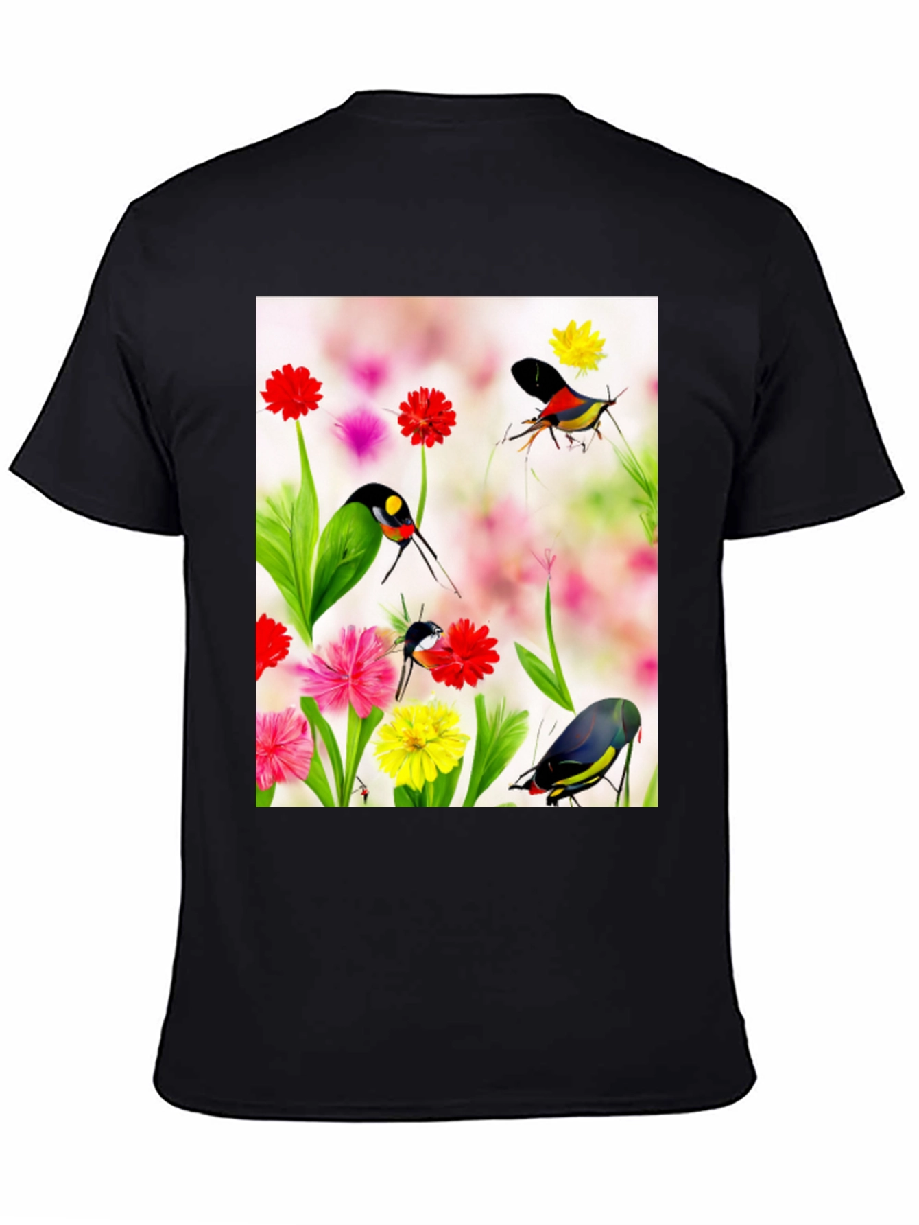Floral Bird Print Black T-Shirt