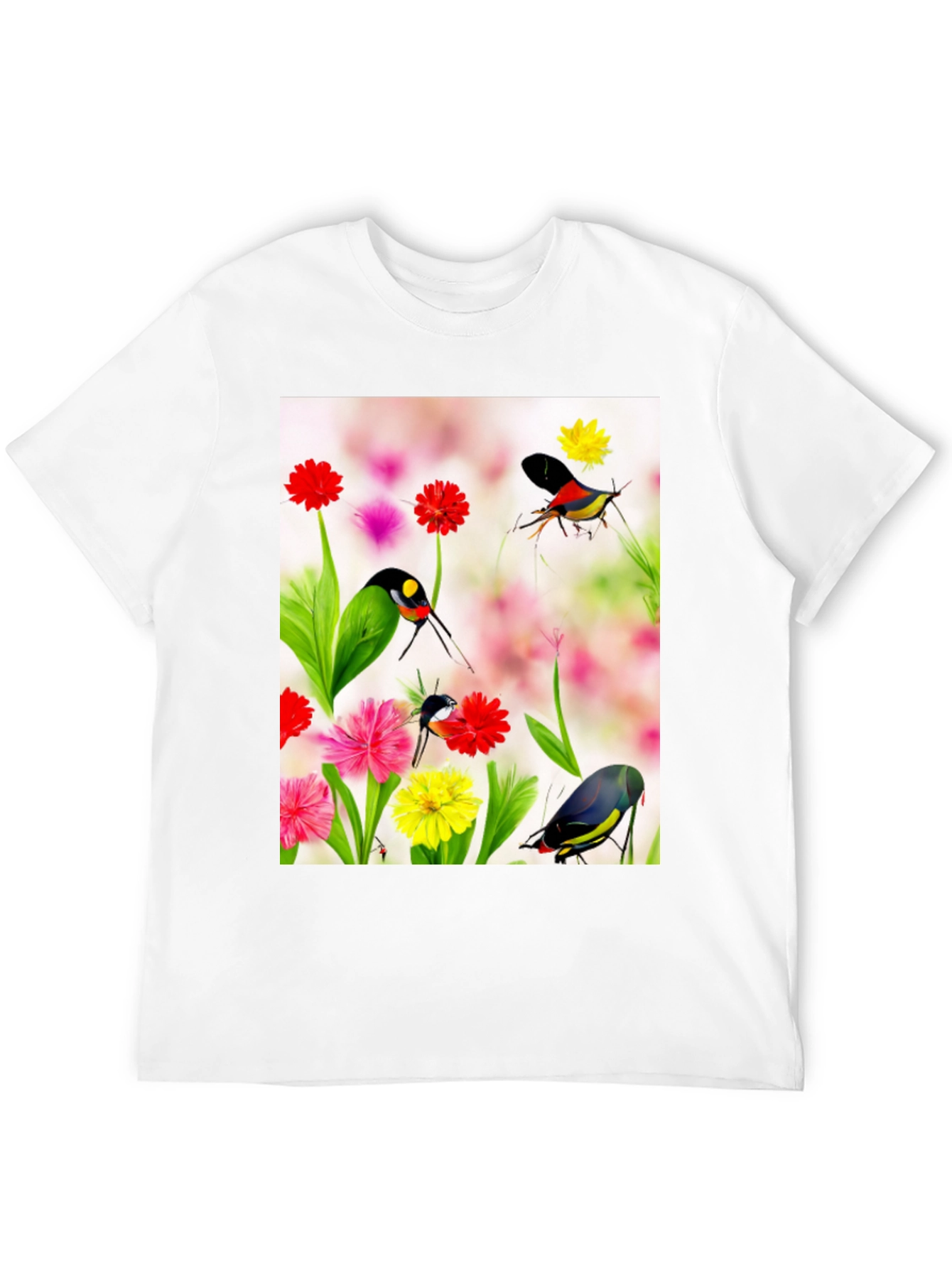 Floral Bird Print Black T-Shirt