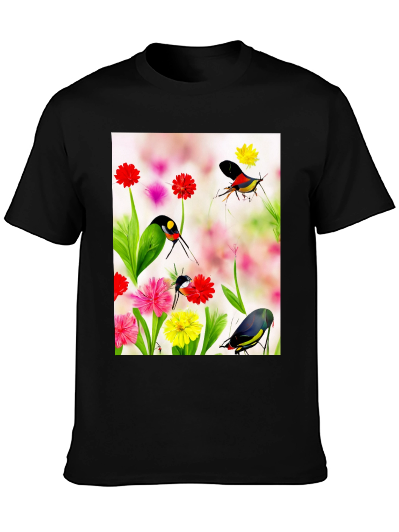 Floral Bird Print Black T-Shirt