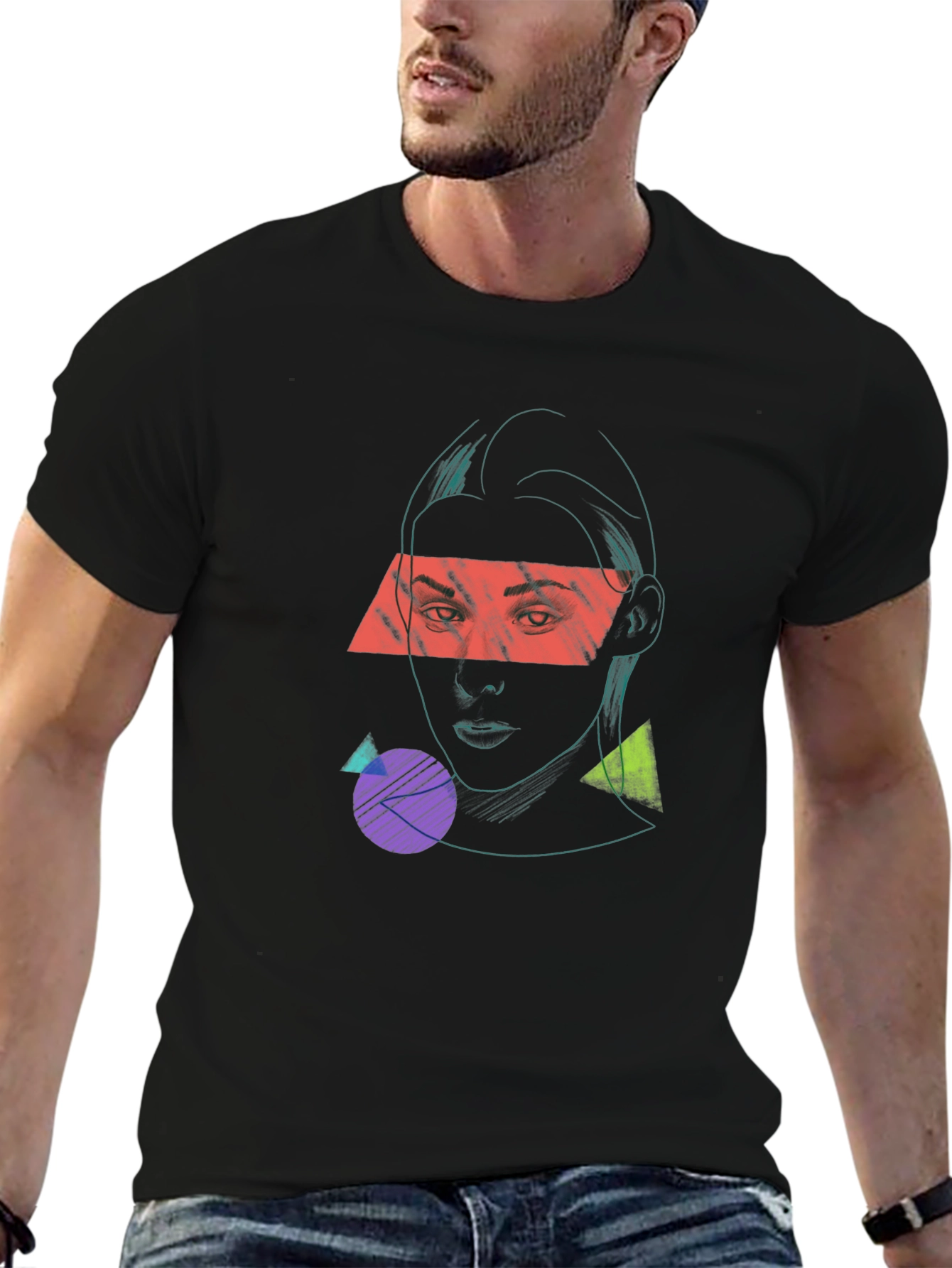 Geometric Face Graphic Black T-Shirt