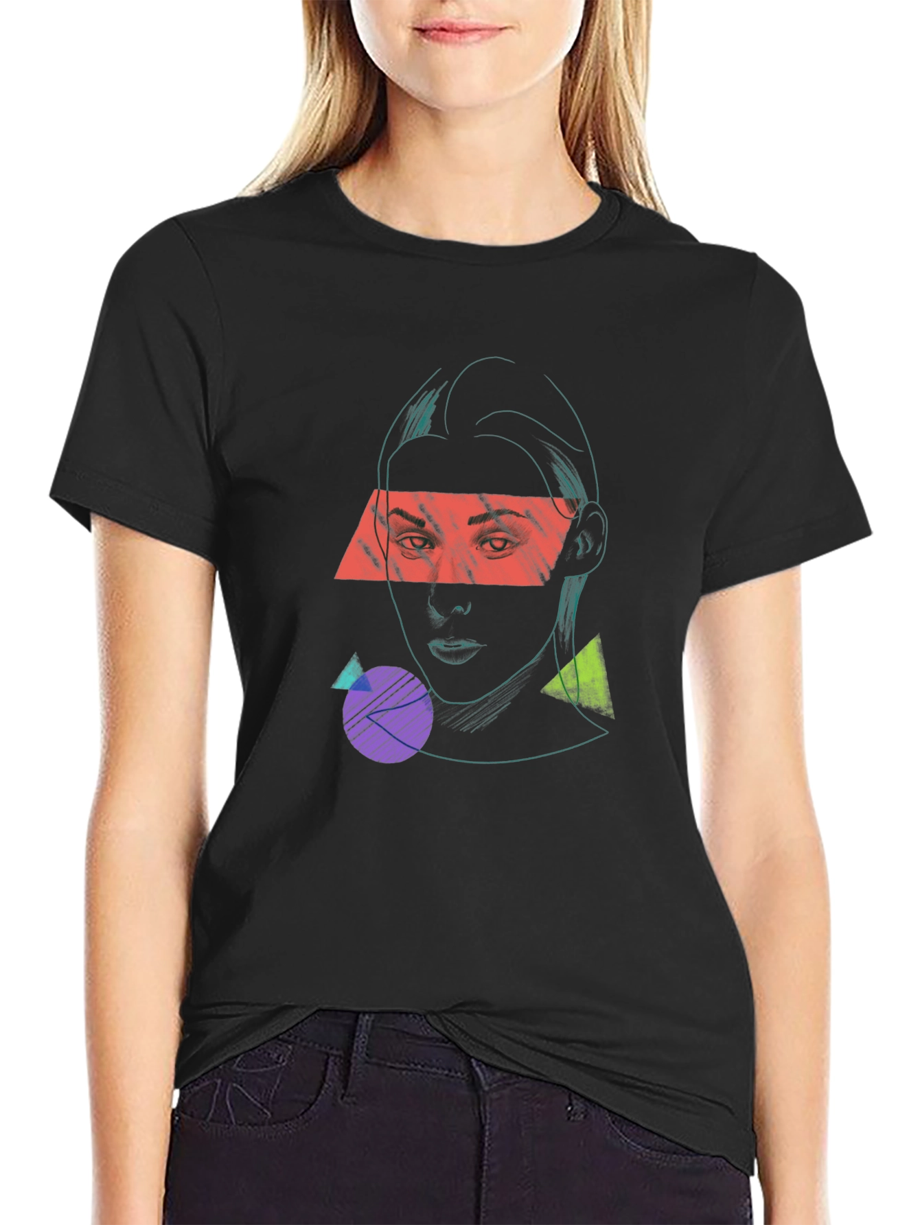 Geometric Face Graphic Black T-Shirt