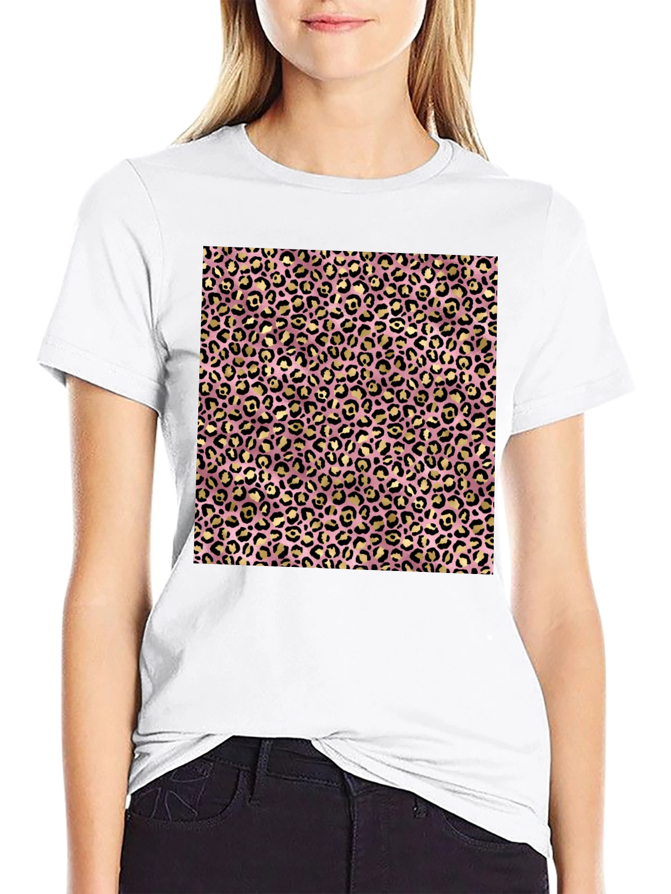Pink & Gold Leopard Print Black T-Shirt