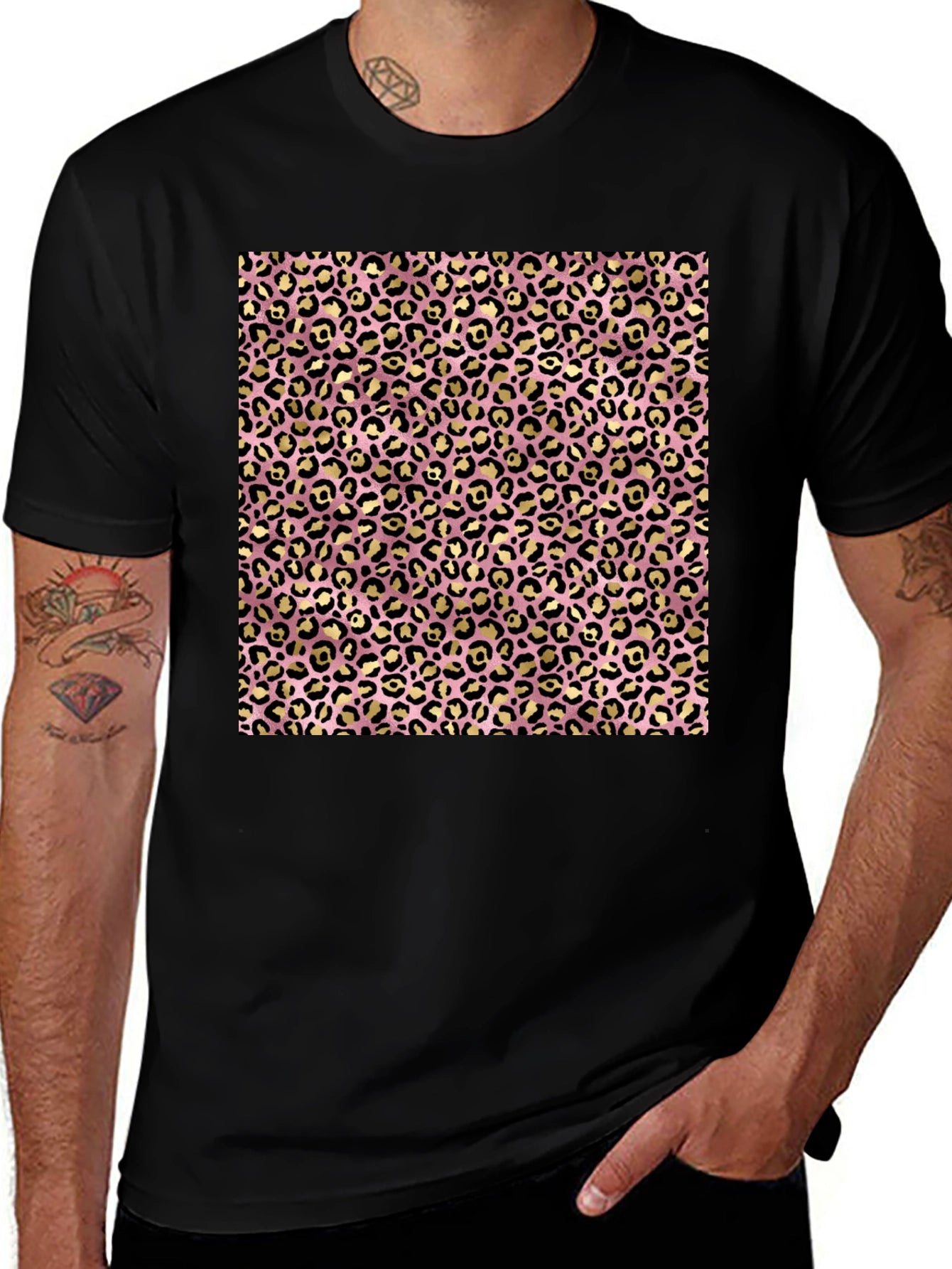 Pink & Gold Leopard Print Black T-Shirt