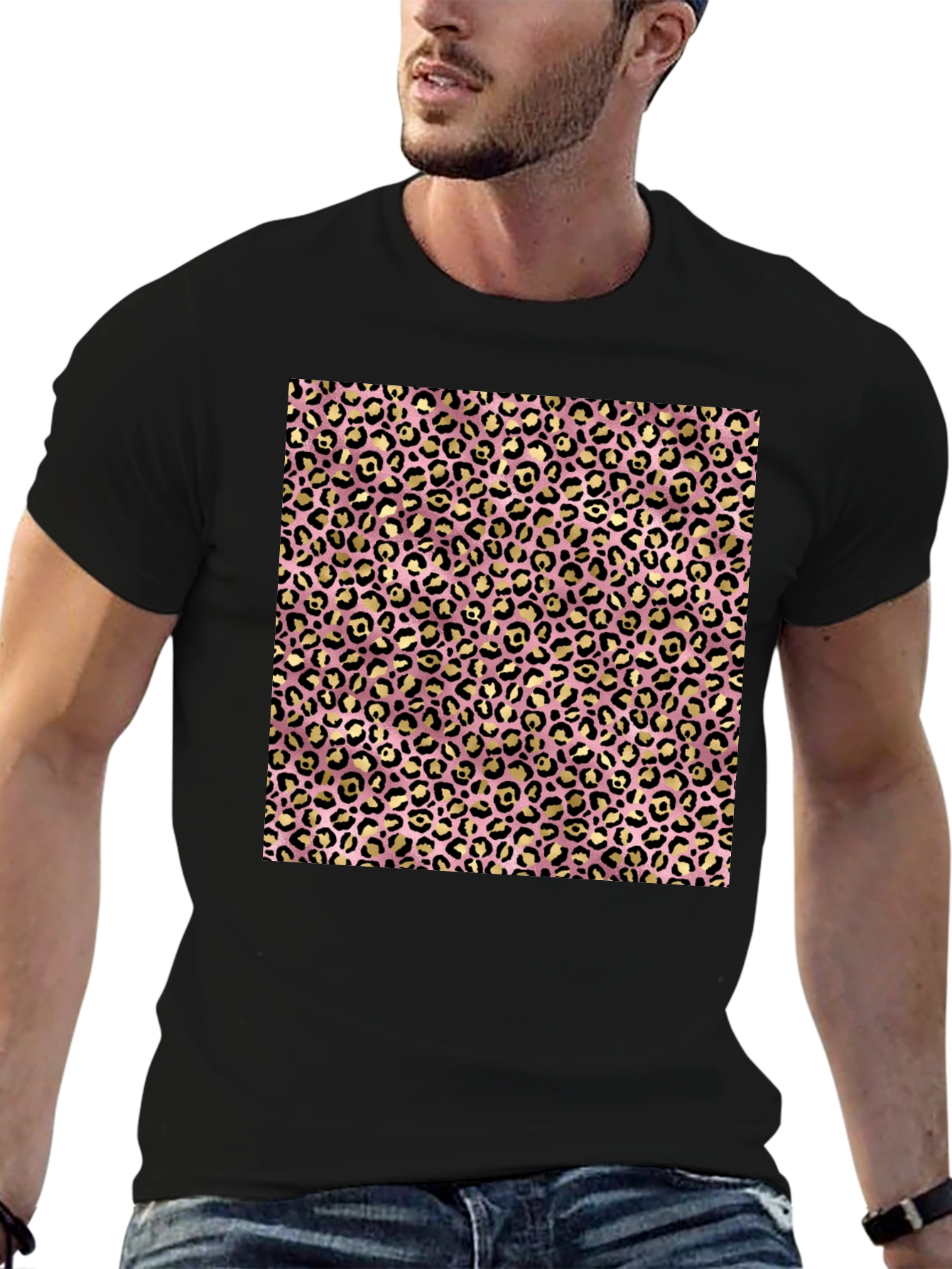 Pink & Gold Leopard Print Black T-Shirt