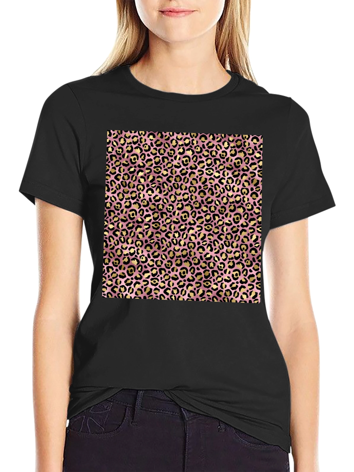 Pink & Gold Leopard Print Black T-Shirt