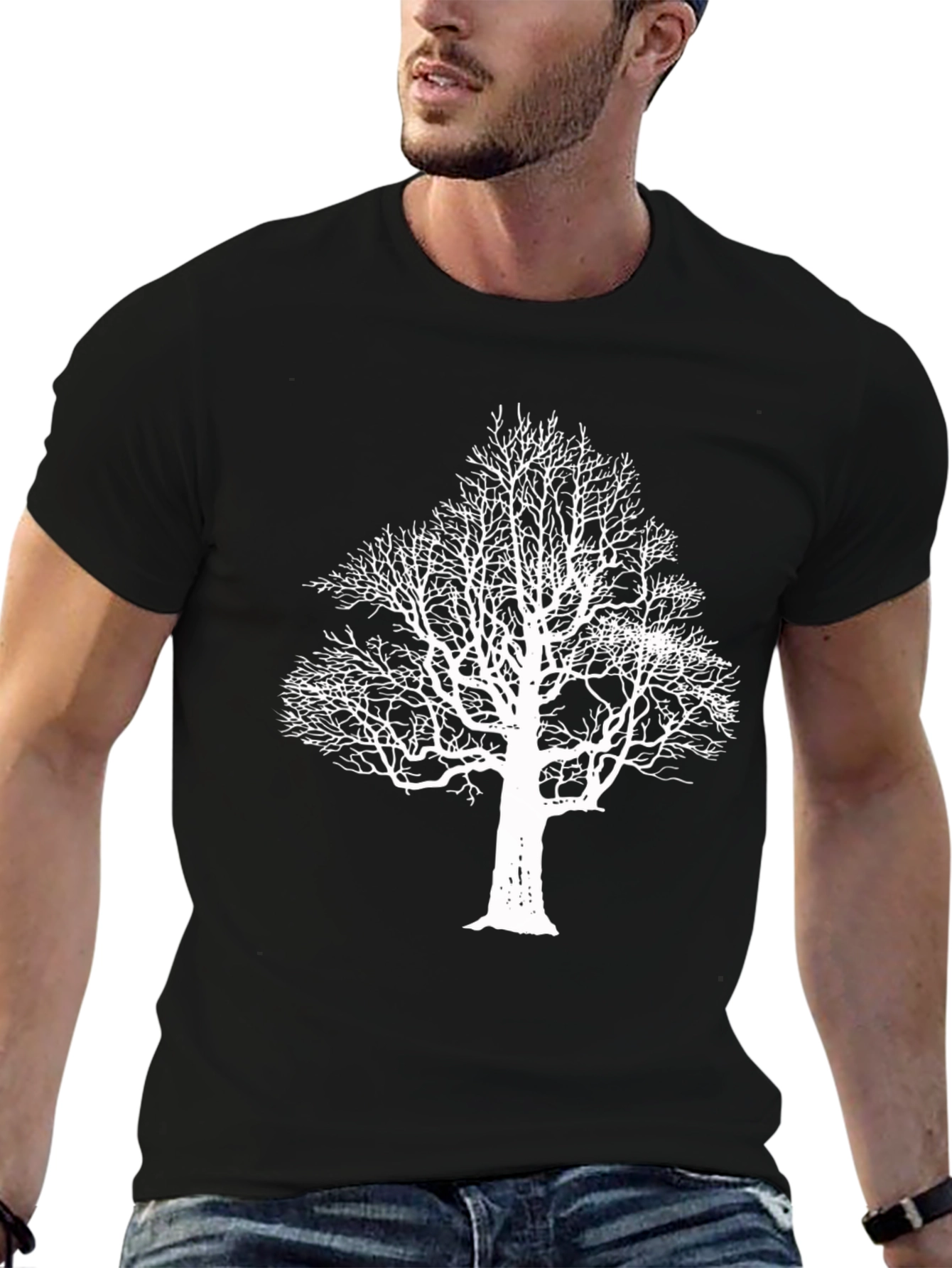 Black T-Shirt with White Tree Graphic