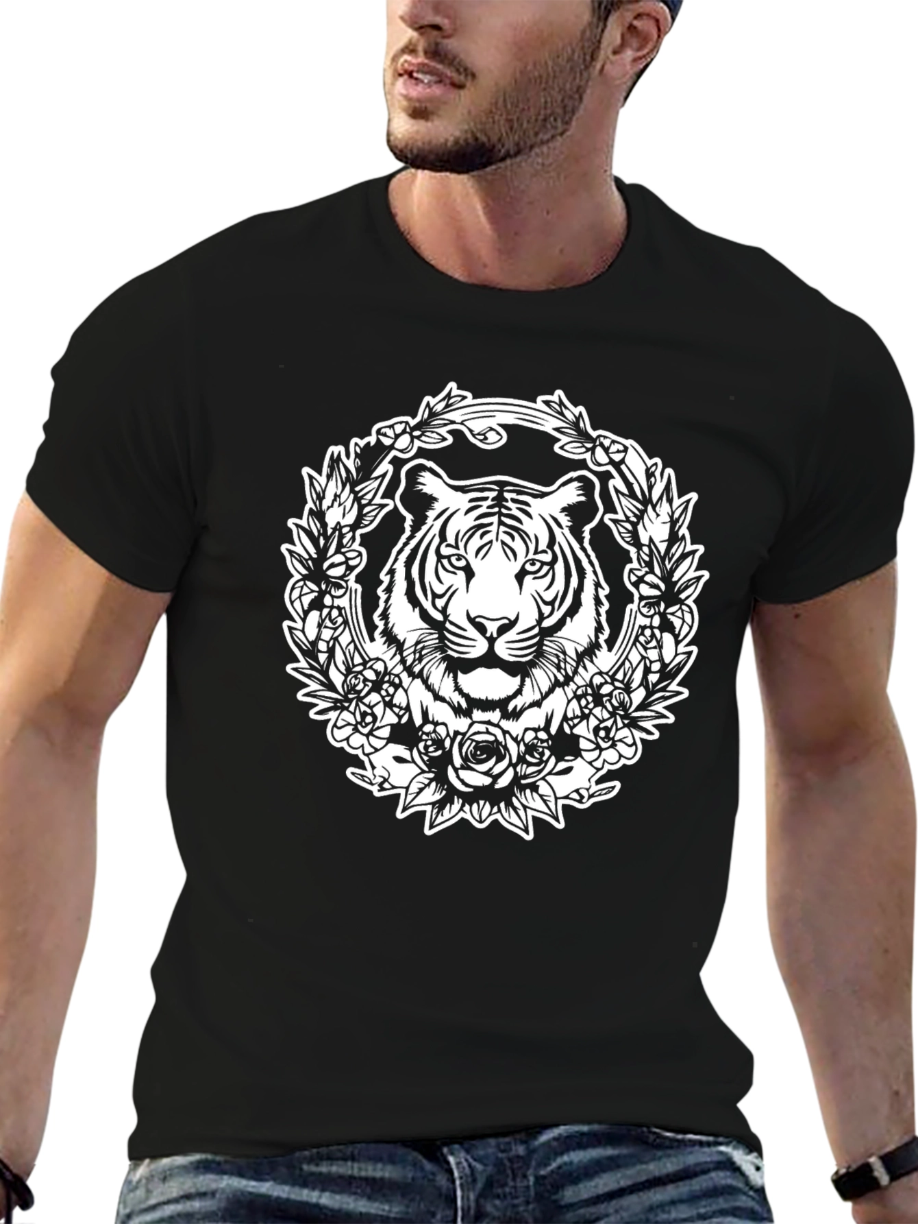 Tiger Floral Wreath Graphic Tee - Black