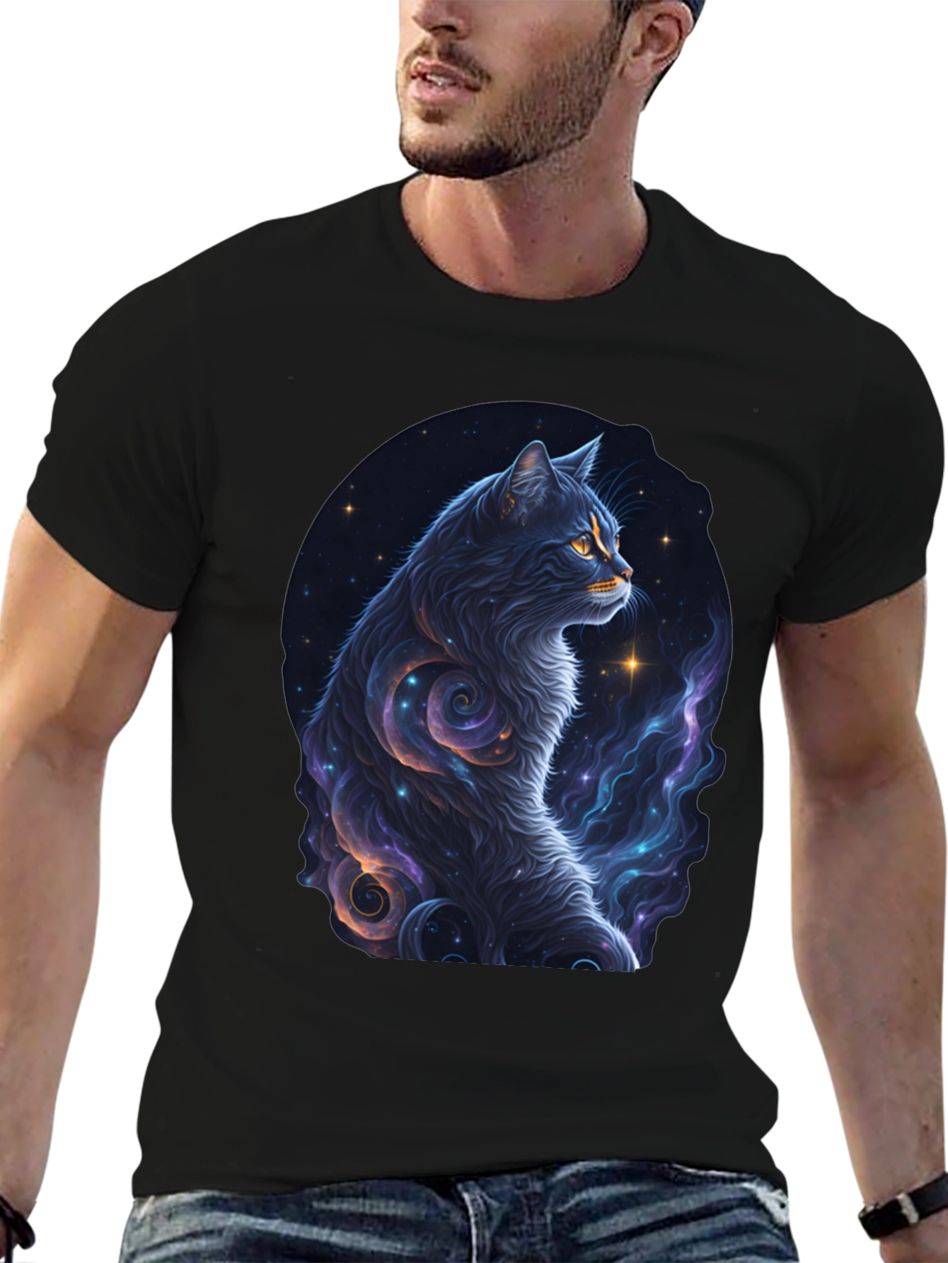 Cosmic Cat Graphic Tee - Stylish Black T-Shirt