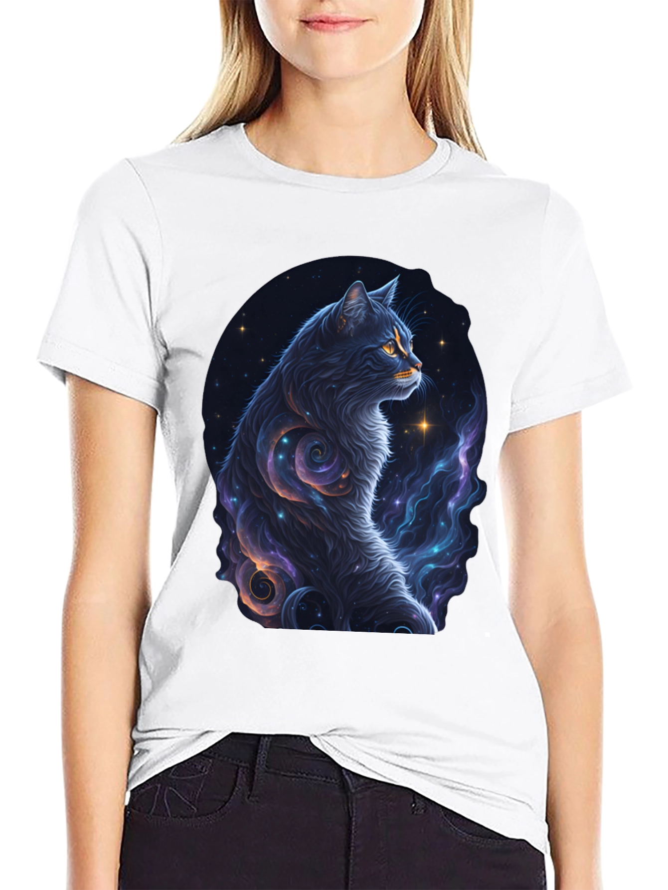 Cosmic Cat Graphic Tee - Stylish Black T-Shirt