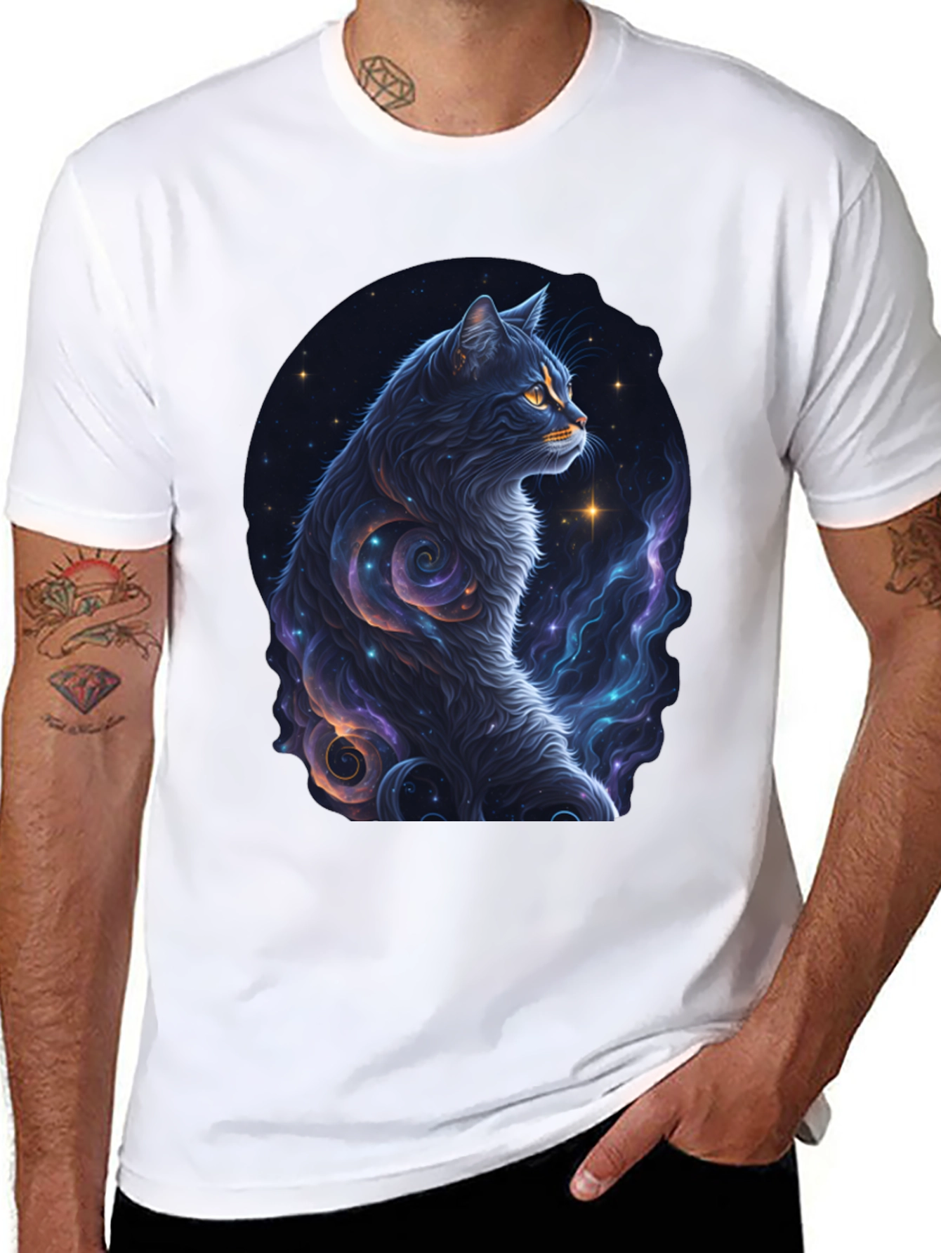 Cosmic Cat Graphic Tee - Stylish Black T-Shirt