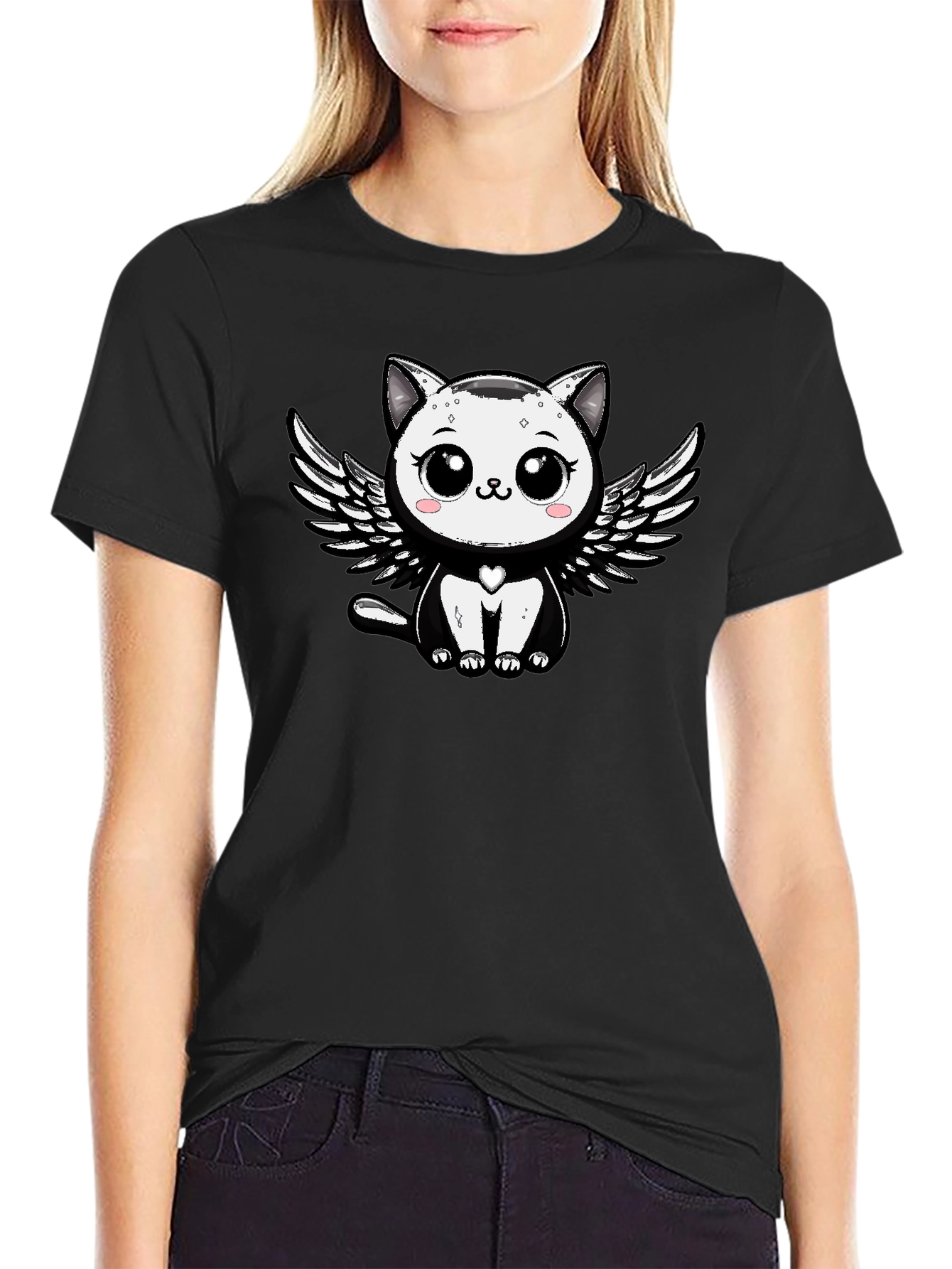 Cute Angel Cat Graphic Tee - Black Unisex T-Shirt