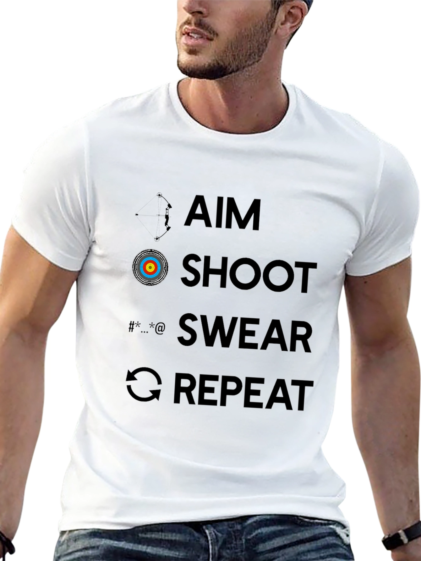 Archery Humor T-Shirt - Aim Shoot Swear Repeat