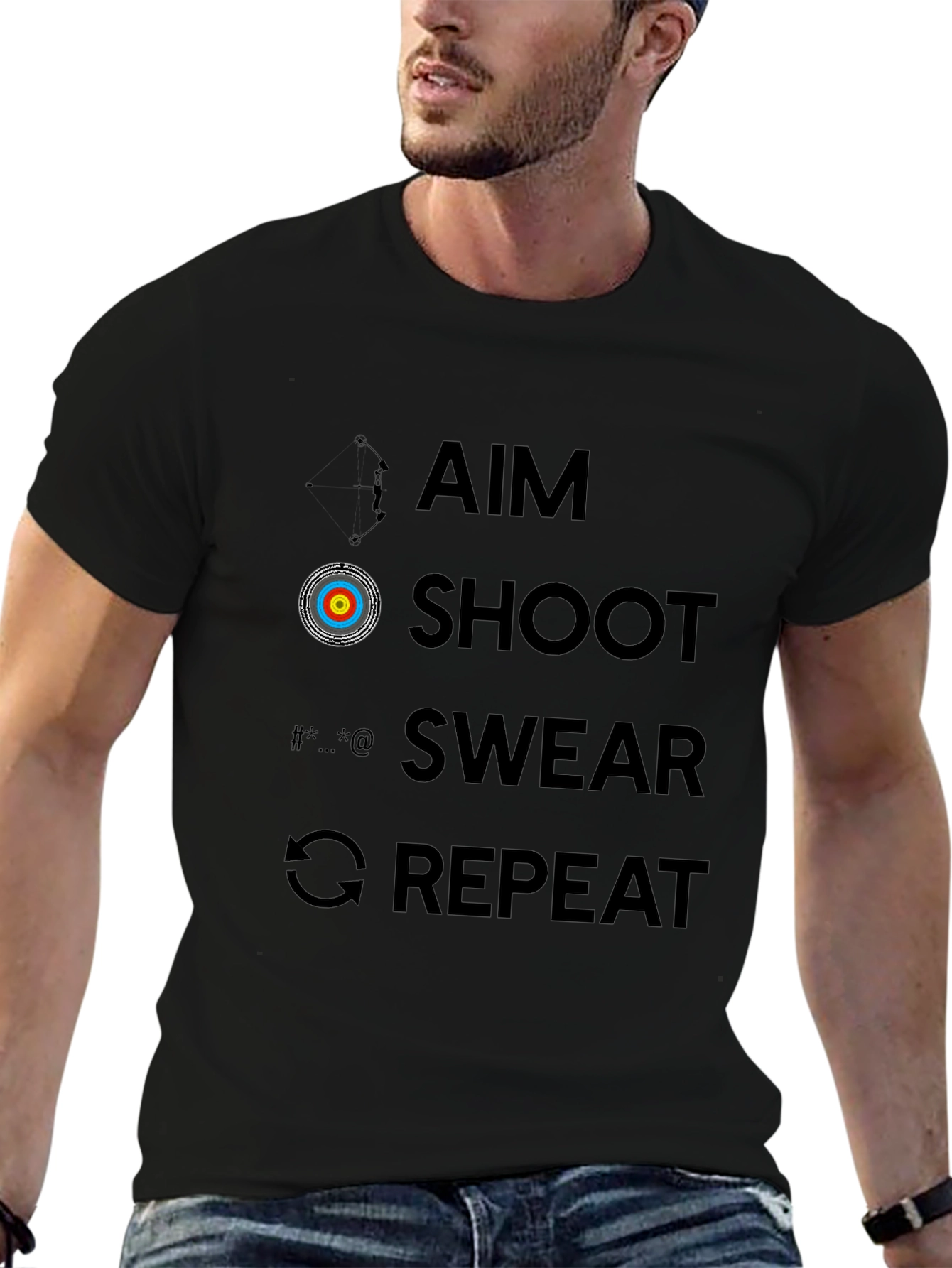 Archery Humor T-Shirt - Aim Shoot Swear Repeat