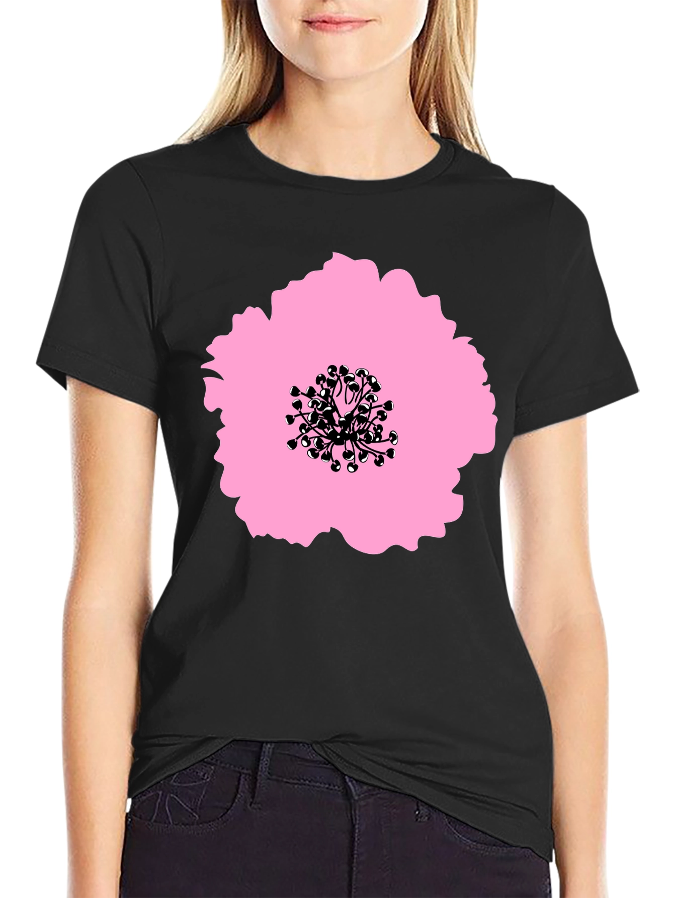 Pink Flower Graphic Black T-Shirt - Stylish Casual Wear
