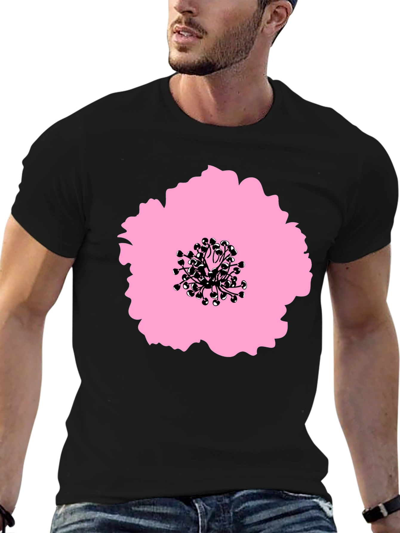 Pink Flower Graphic Black T-Shirt - Stylish Casual Wear