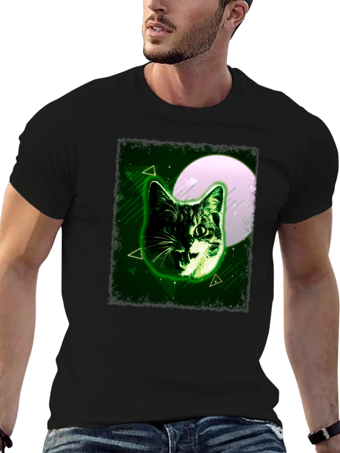 Green Cat Graphic Tee - Moonlit Feline Design