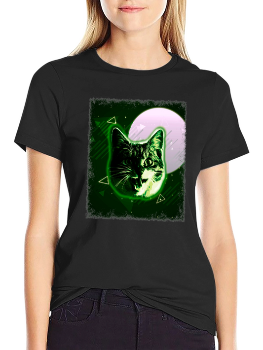 Green Cat Graphic Tee - Moonlit Feline Design