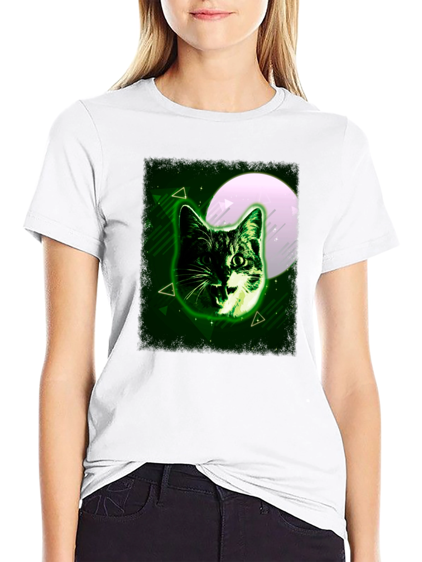 Green Cat Graphic Tee - Moonlit Feline Design