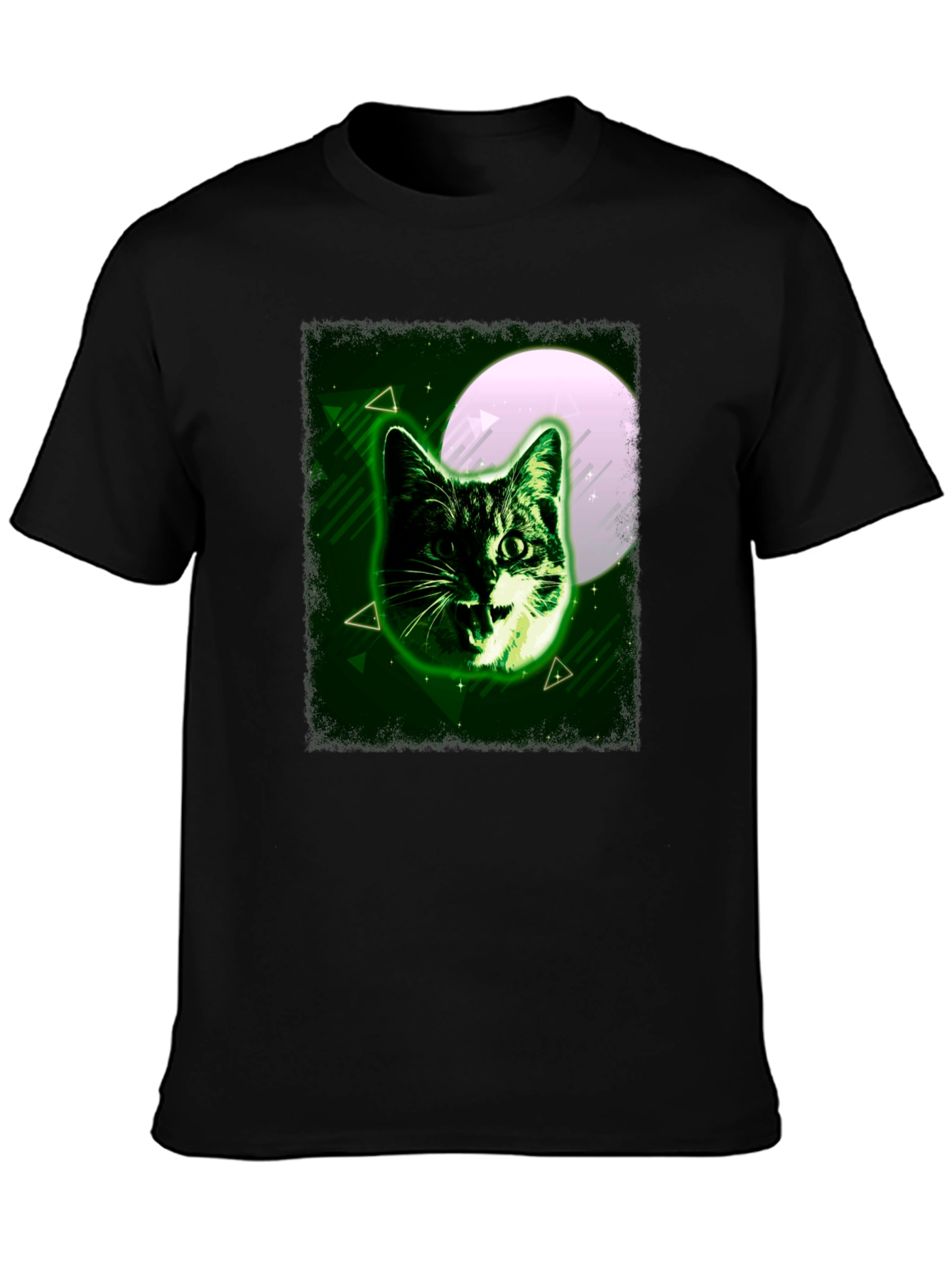 Green Cat Graphic Tee - Moonlit Feline Design