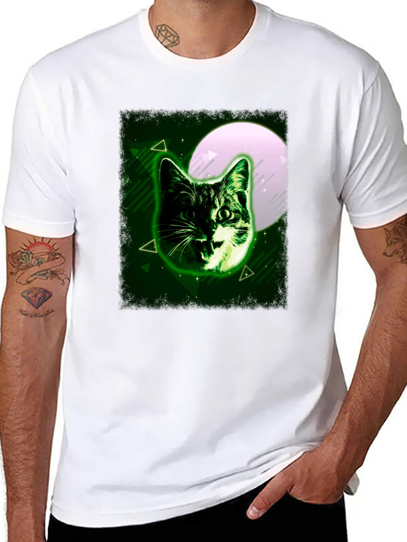 Green Cat Graphic Tee - Moonlit Feline Design