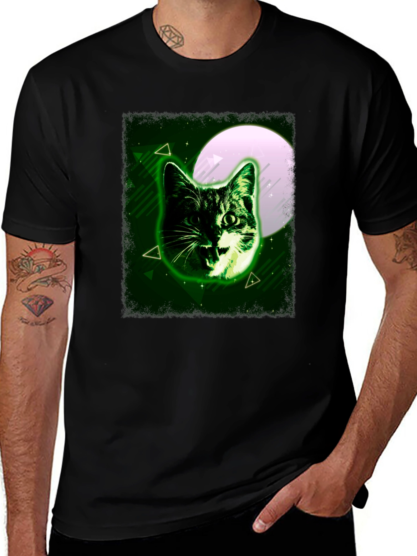Green Cat Graphic Tee - Moonlit Feline Design