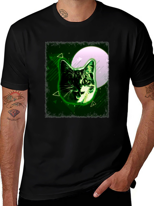 Green Cat Graphic Tee - Moonlit Feline Design
