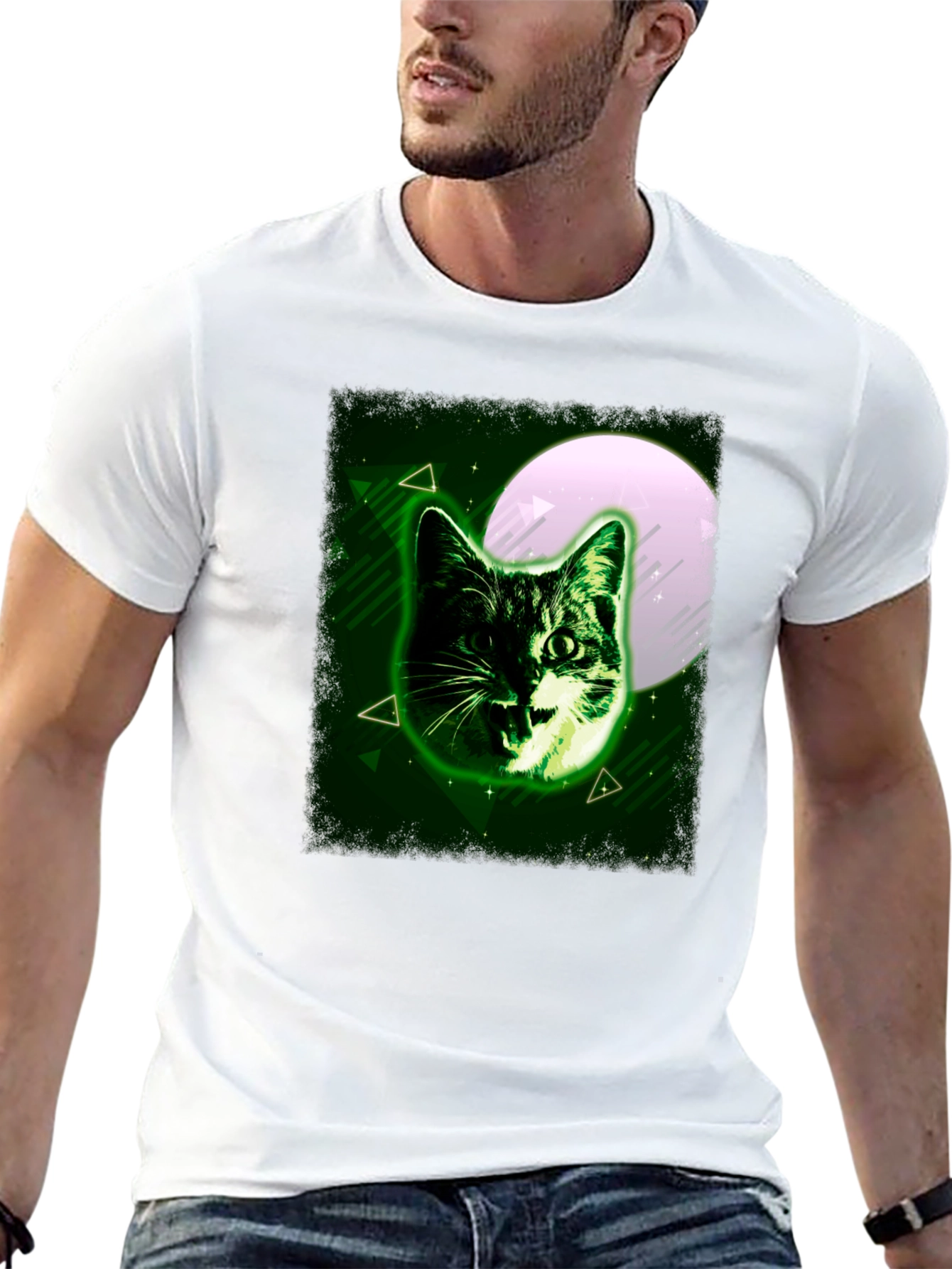 Green Cat Graphic Tee - Moonlit Feline Design