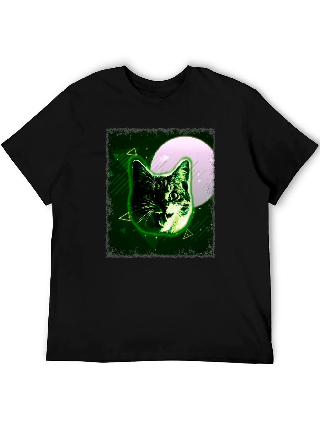 Green Cat Graphic Tee - Moonlit Feline Design